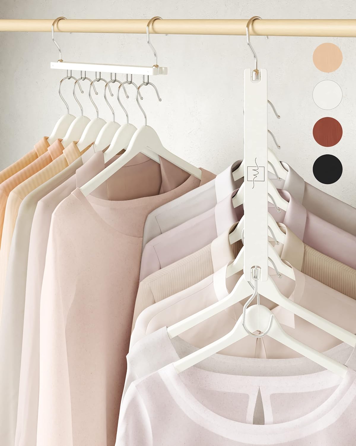 MORALVE Space Saving Hangers for Closet – 4 Pack European Beechwood 6-Tier Shirt Organizer with 360° Swivel Hook – Collapsible Clothes Hanger for Closet Organization (Hangers Not Included)