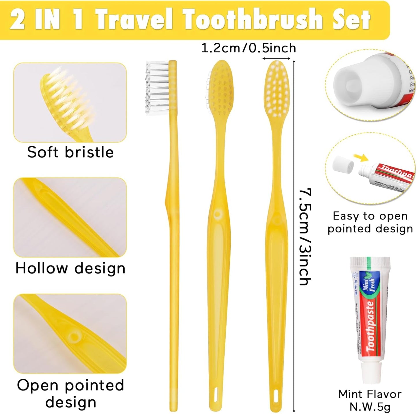 HOFASON Disposable Toothbrushes Pack of 50, Yellow Hollow Travel Toothbrush Set with Individually Wrapped Toothpaste for Homeless, Nursing Home, Shelter, Hotel