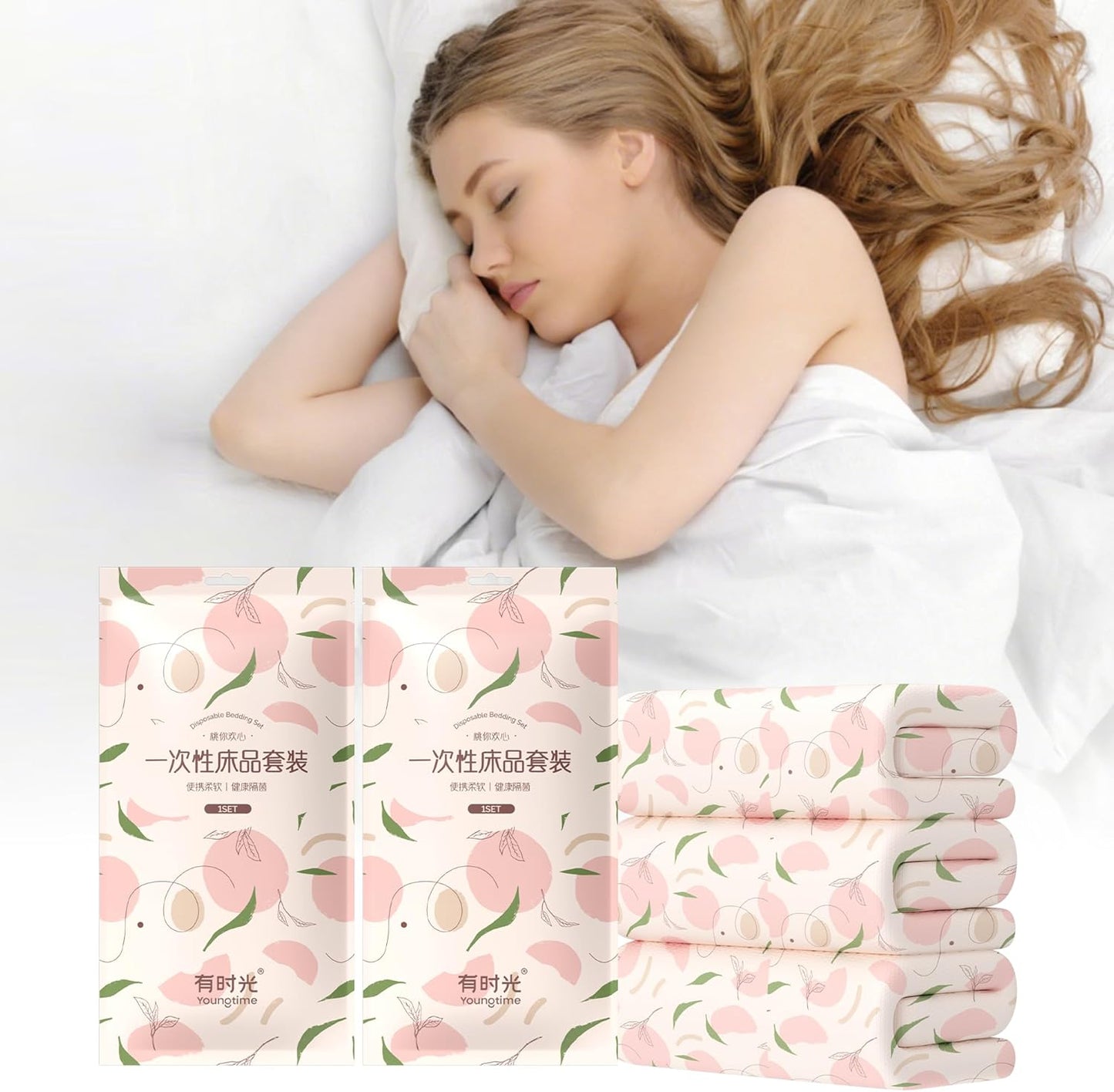YOUNGTIME Disposable Bed Sheets Fitted Sheet,Disposable Portable Bedding Set with 2 Bed Sheet 2 Quilt Cover and 4 Pillowcase for Travel Hotel SPA,Peach,2 Pack