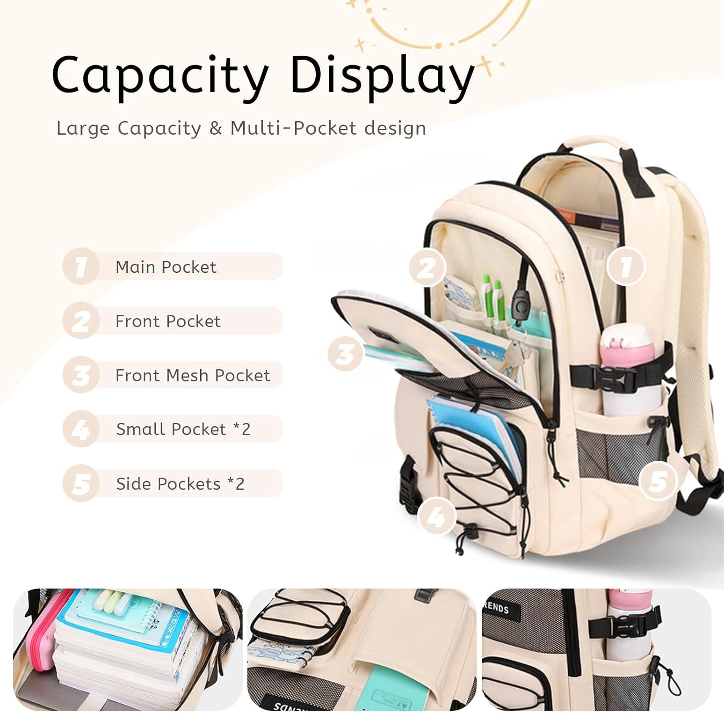 Lohol Multi-Pocket Backpack with 15.6 inch Laptop Compartment, Water Resistant Bookbag for School College and Travel (Beige)