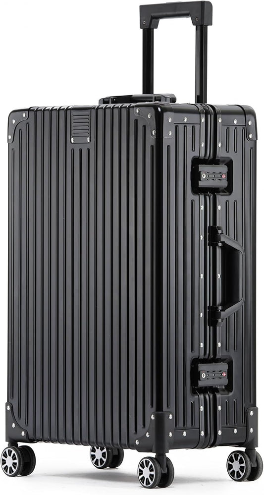 Metal All Aluminum Carry-on Luggage TSA Customs Lock Zipperless Silent Rotary Wheel Business Suitcase Aluminum Frame Set (black, 20 '')