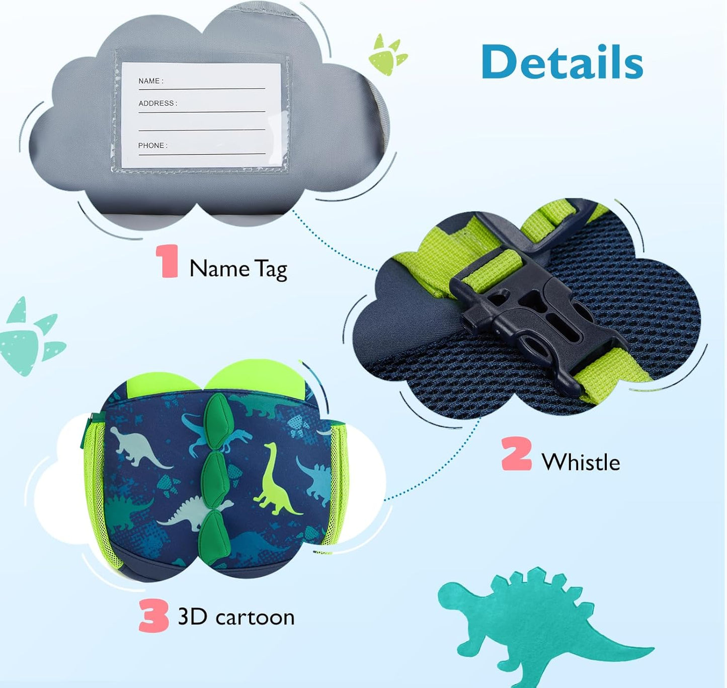 mommore Toddler Backpack for Boys 2-4 Small Cute Dinosaur Backpack with Kids Leash, 3D Cartoon Preschool Kindergarten Bookbag for Pre-k, Green