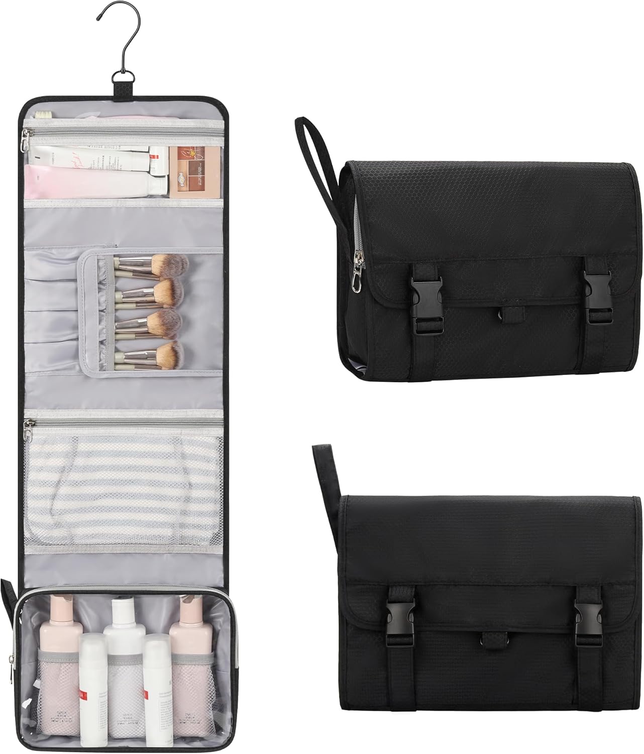 Travel Hanging Toiletry Bag with Makeup Brush Board, Portable Toiletries Bag with Hanging Hook, Water Resistant Wash Bag, Makeup Organizer with Cosmetics for Full Sized Travel Essentials - Black