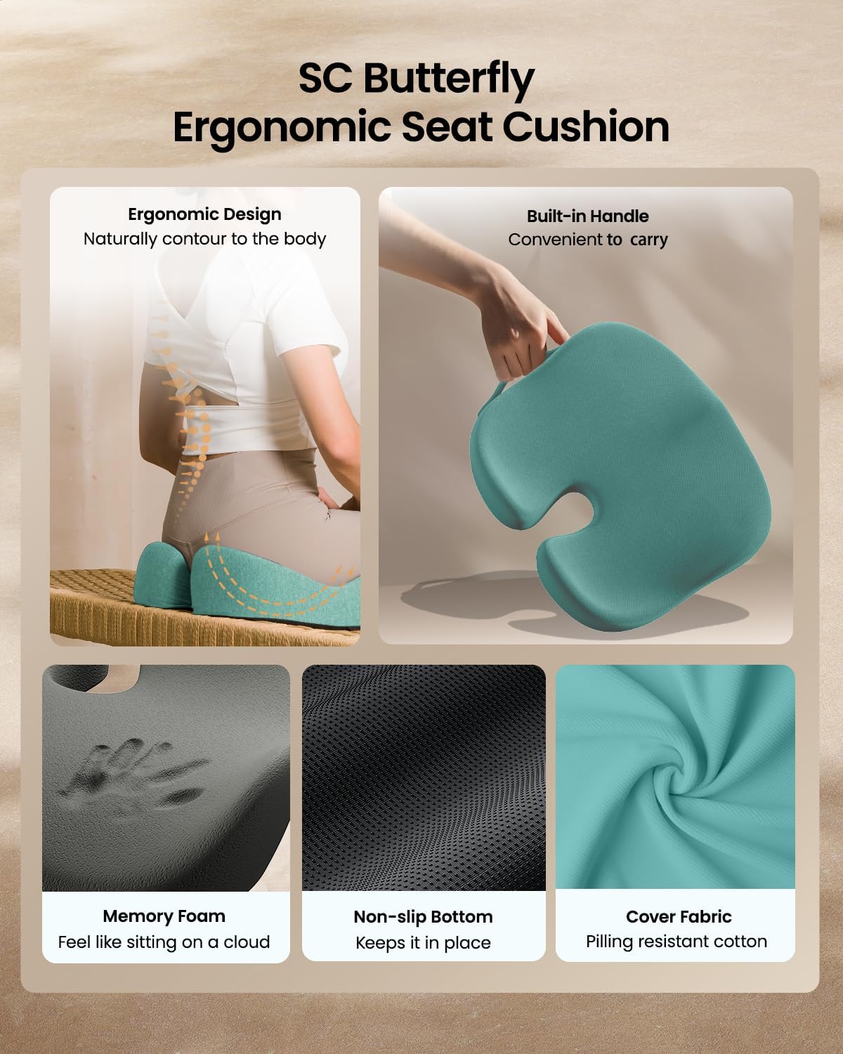 ProtoArc Seat Cushion, Office Chair Cushion for Sciatica, Coccyx Cushion, Ergonomic Memory Foam Seat Cushion for Car, Home, Pressure Relief Pad for Hip, Tailbone, All Day Comfort - Mint Green