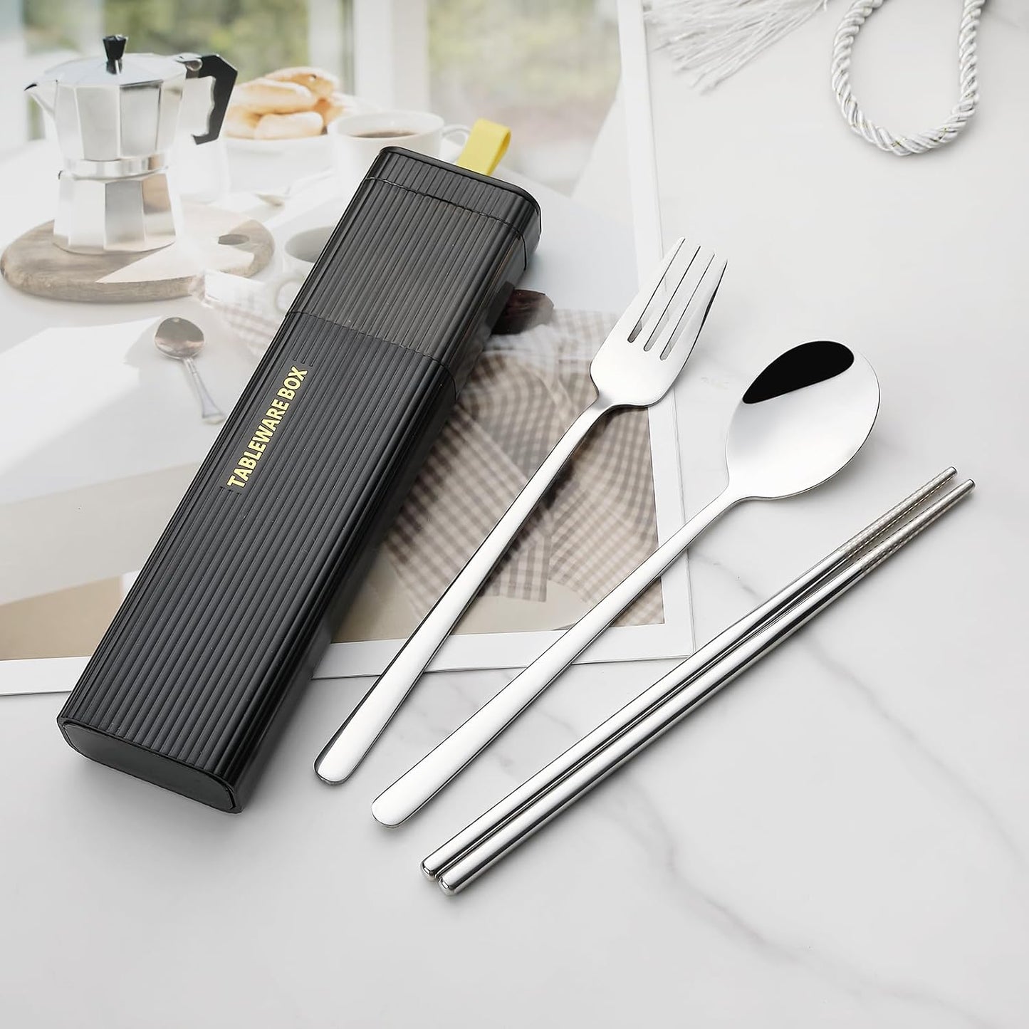 DEVICO Travel Utensils with Case, 18/8 Stainless Steel Reusable Silverware Set for Lunch Box, Portable Cutlery Set, Fork and Spoon Set for Camping, Lunch, Picnic, Workplace, School (Black)