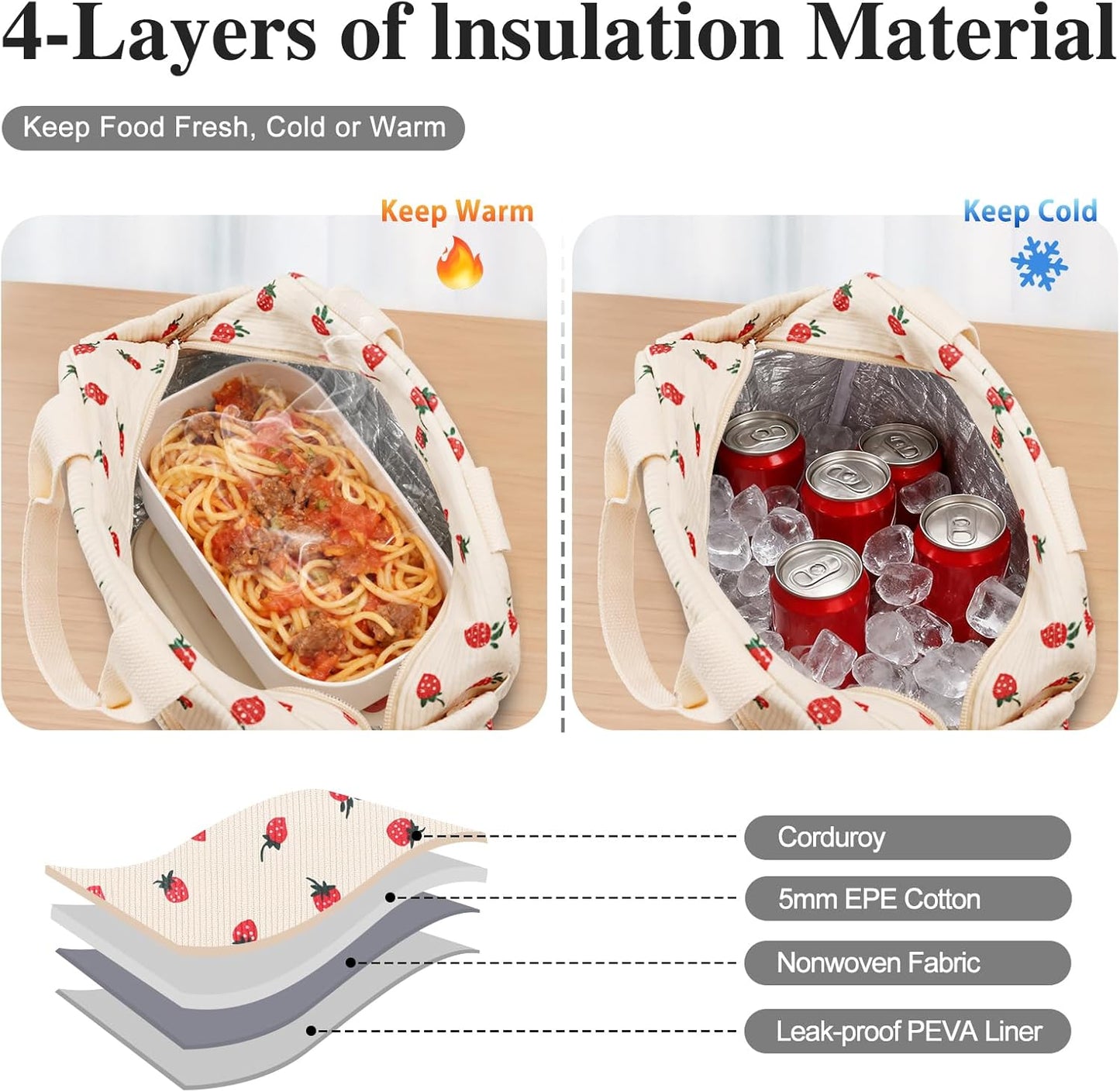 Lunch Bag Lunch Box for Women Adults Men, Cute Strawberry Corduroy Insulated Reusable Work Leakproof Simple Large Lunch Boxes Tote Bag Cooler Bag