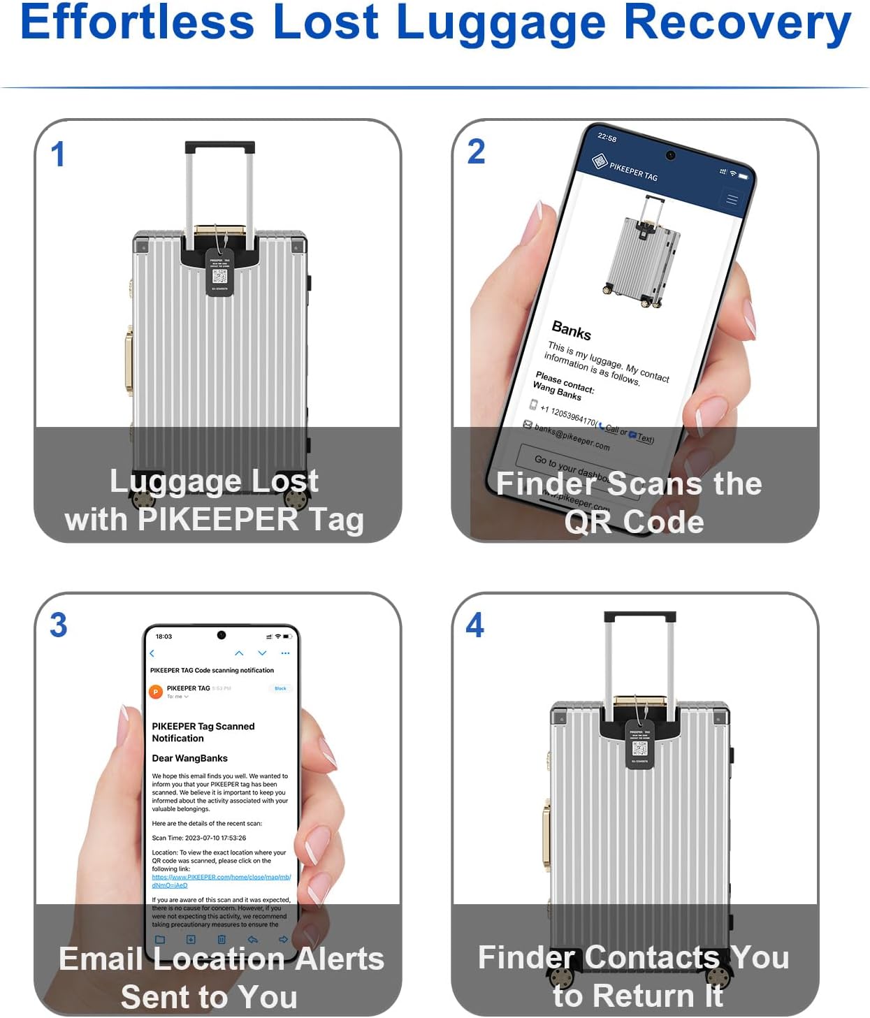 Smart Luggage Tags for Suitcase 4-Pack (2S2B) - Waterproof QR Code ID Labels, Show Scanner’s Location on Scan, Customizable & Durable Travel Tags for Backpack, Securely Hide Personal Info
