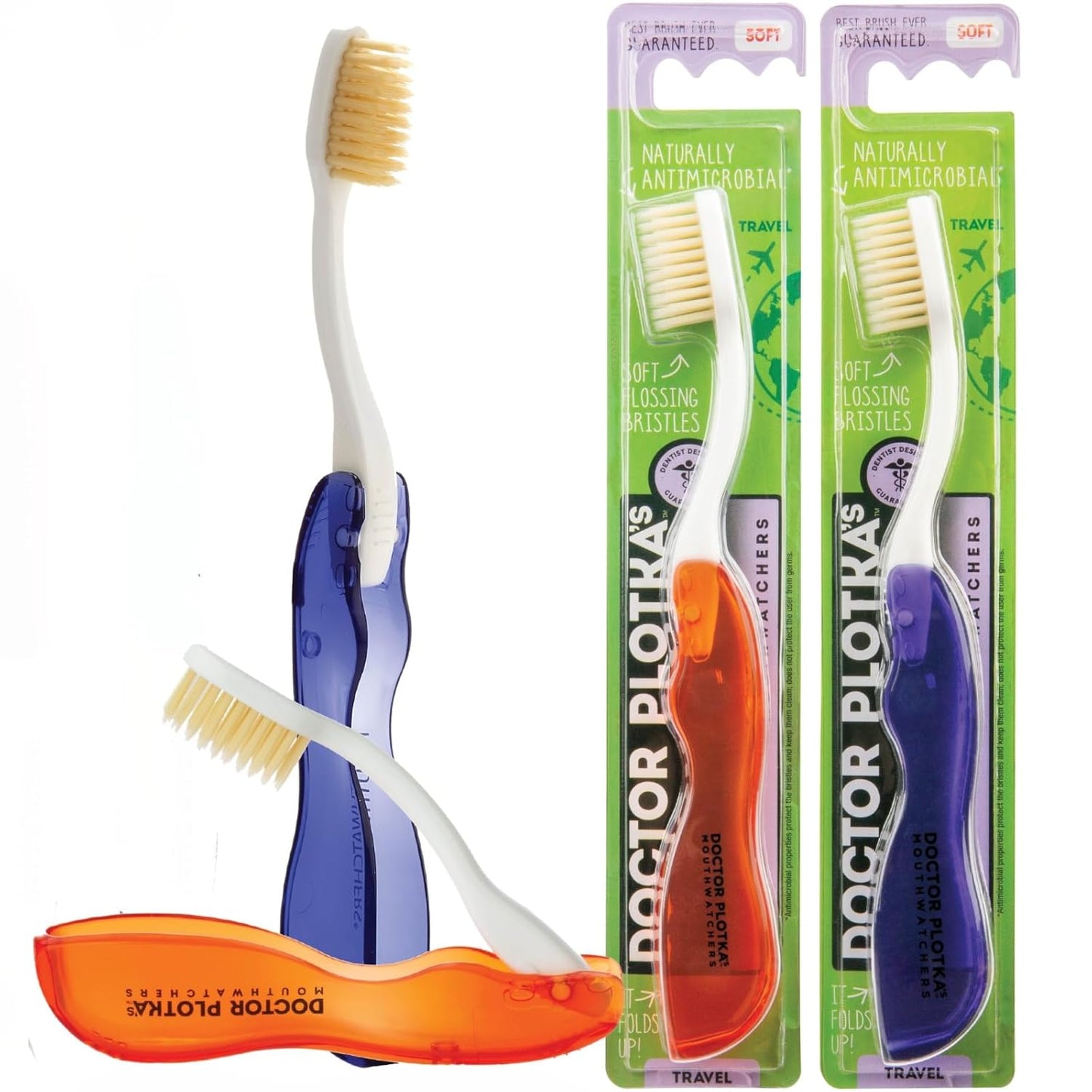 MOUTHWATCHERS Soft Flossing Folding Travel Toothbrush, 2 Pack, Red, Ultra Clean, Good for Sensitive Teeth and Gums, by Dr. Plotka's. Assorted Colors