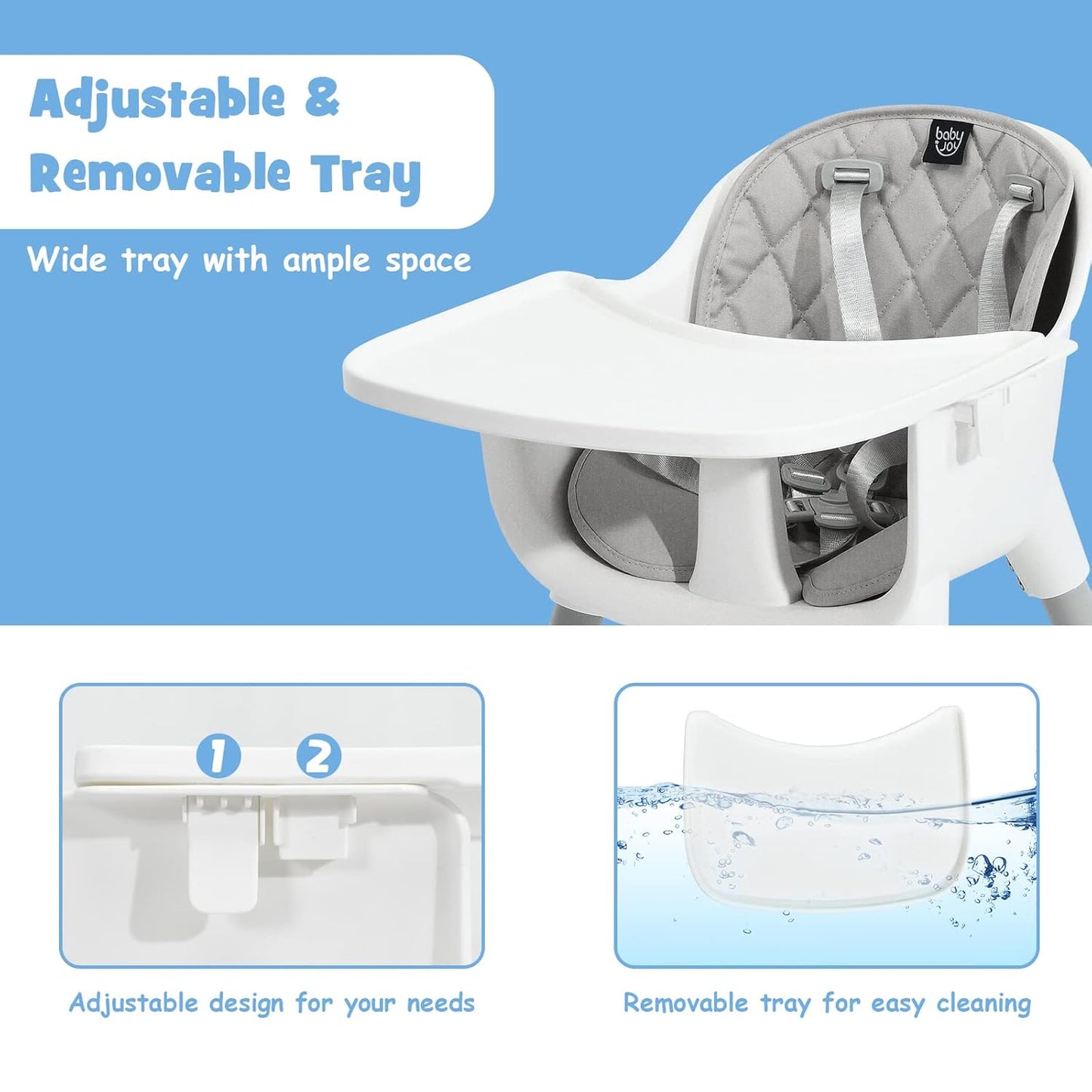 BABY JOY High Chair, 5 in 1 Convertible Highchair for Babies & Toddlers | Booster Seat | Table and Chair Set | Infant Feeding Chair with Removable Tray, Safety Harness, Removable Cushion (Gray)