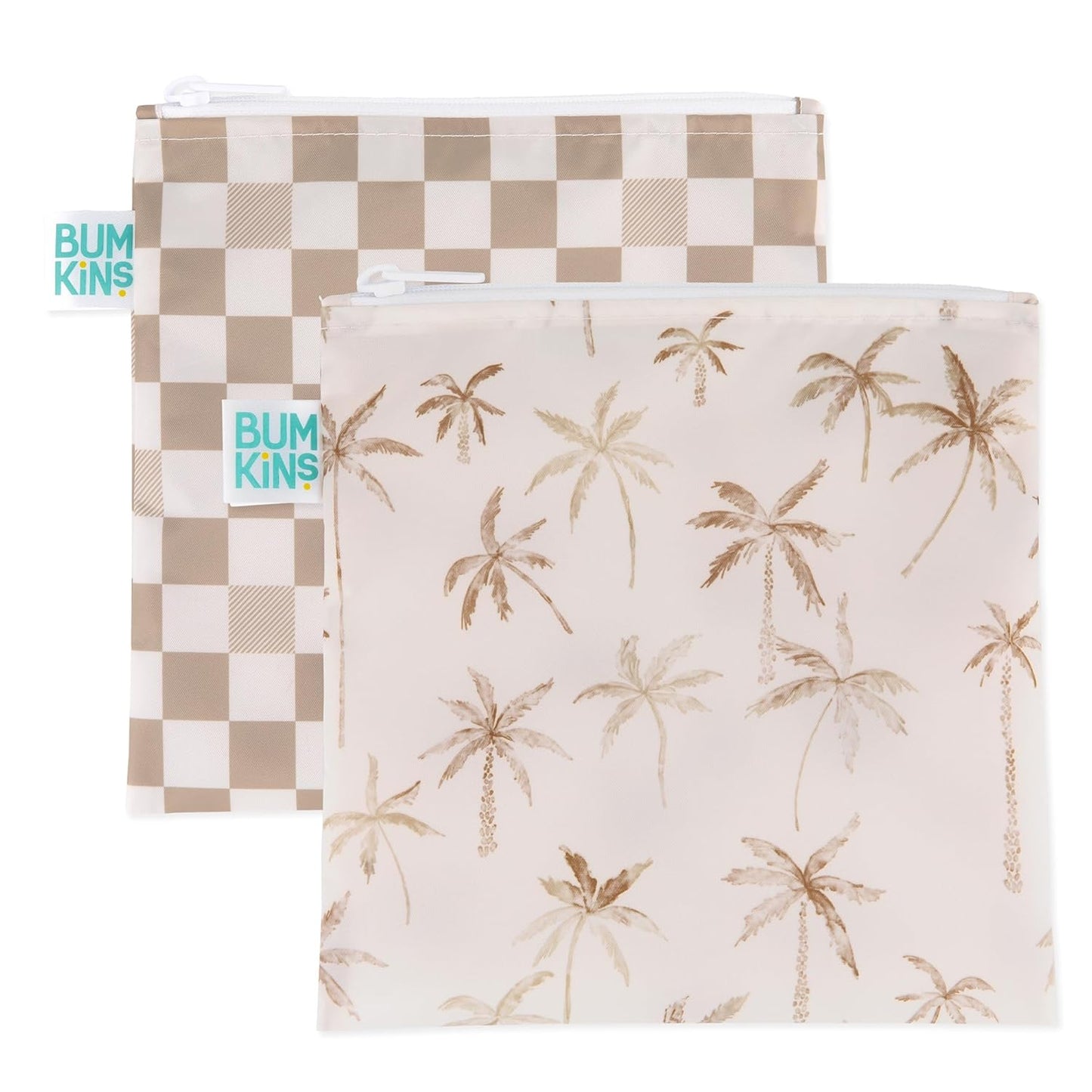 Bumkins Reusable Sandwich and Snack Bags, for Kids School Lunch and for Adults Portion, Washable Fabric, Waterproof Cloth Zip Bag, Travel Pouch, Food-Safe, Large 2-pk Palm Trees, Check