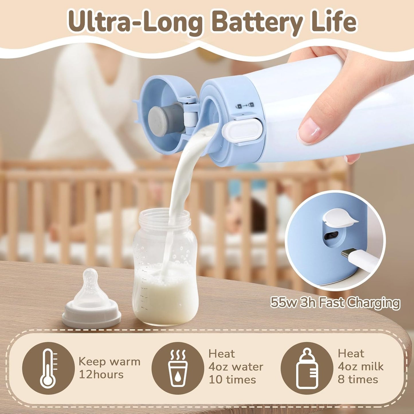 BEBOAN Portable Bottle Warmer for Travel On The Go, Portable Milk Warmer 5-Temp Setting with Lock 12oz Large Capacity, Cordless for Heating Breast Milk Charging with 55w Charger to Get Fast Charging