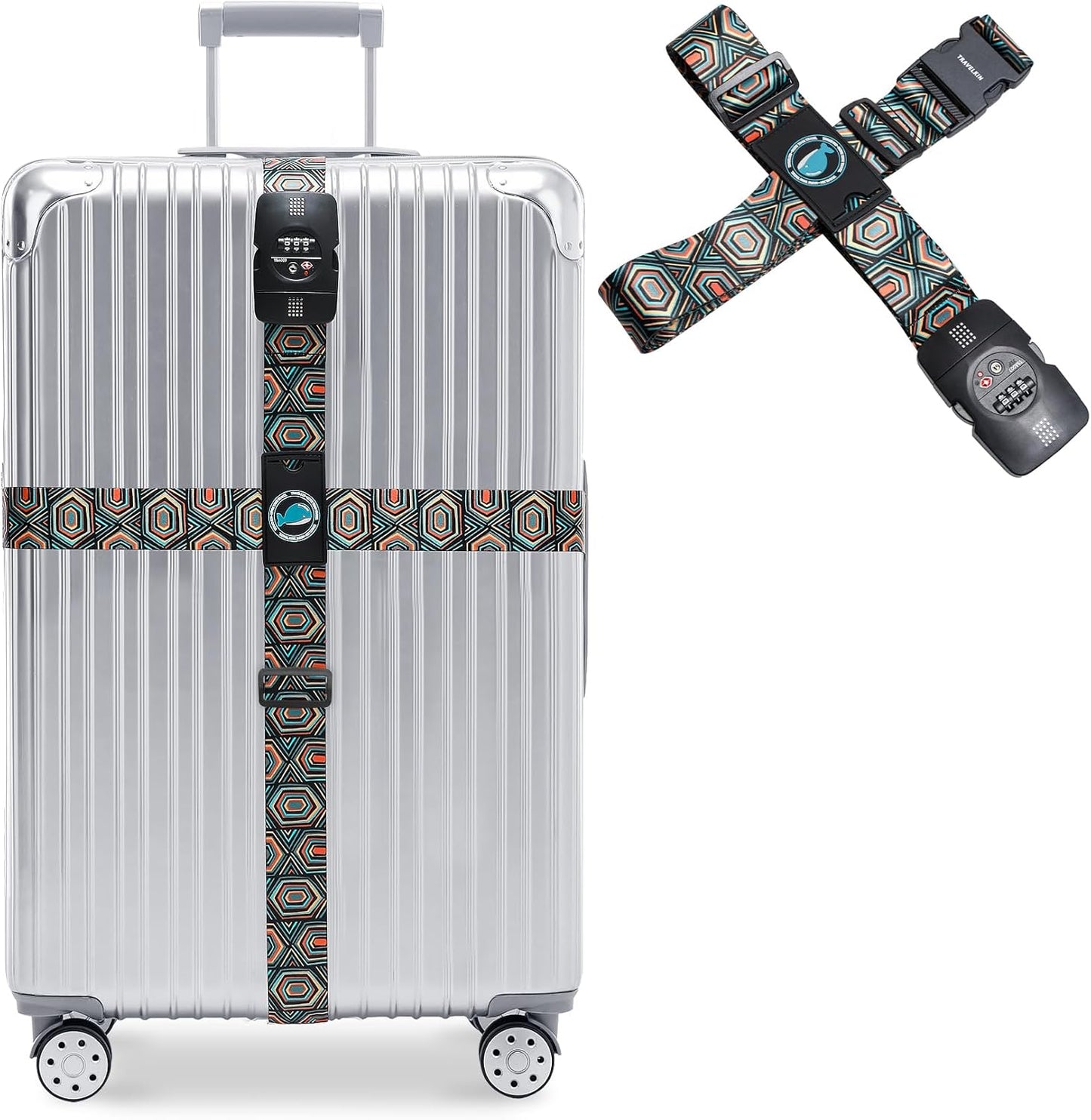 Travelkin Luggage Straps TSA Approved - Adjustable Cross Suitcase Straps with TSA Lock, Reinforced Buckle, Unique Pattern - Secure Heavy Duty Luggage Straps for Travel (Geometry)