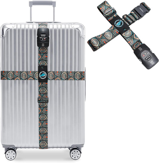 Travelkin Luggage Straps TSA Approved - Adjustable Cross Suitcase Straps with TSA Lock, Reinforced Buckle, Unique Pattern - Secure Heavy Duty Luggage Straps for Travel (Geometry)