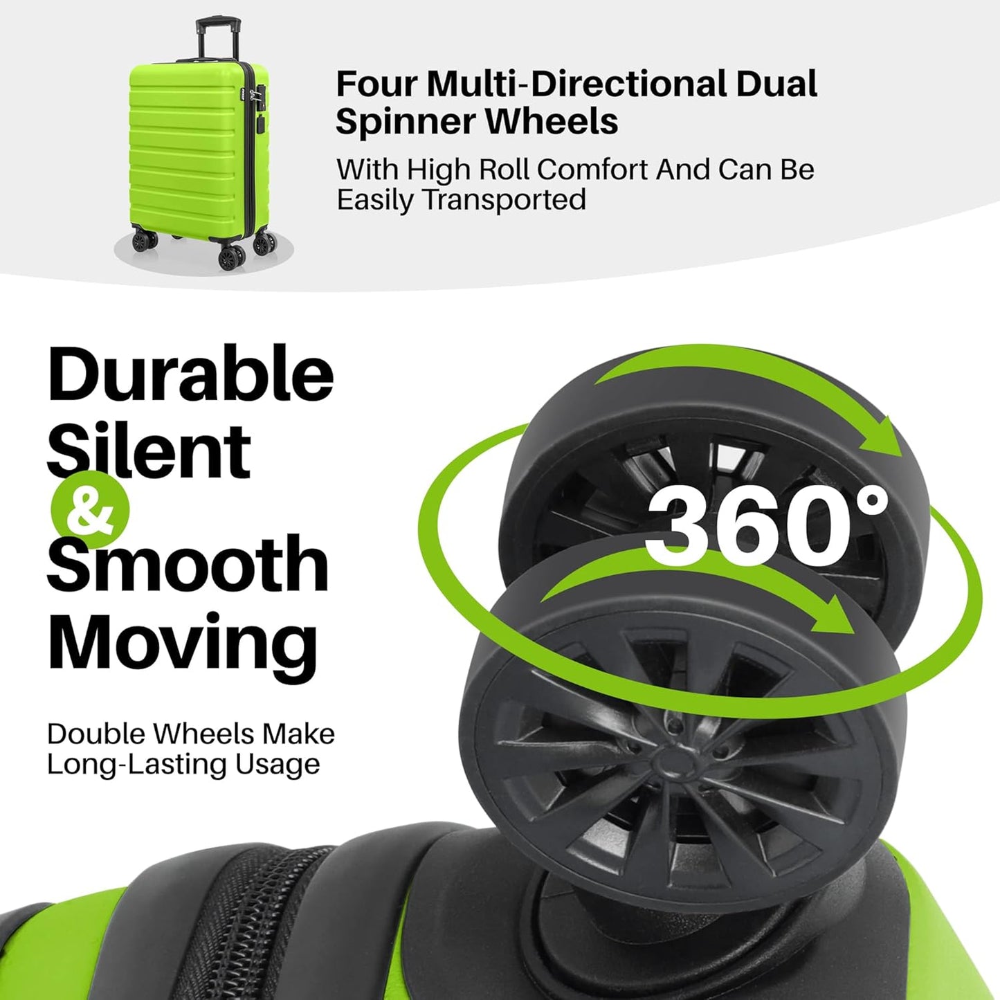 AnyZip Suitcase Hardside PC ABS Lightweight USB Luggage with Wheels TSA Lock Checked-Medium 24 Inch AppleGreen