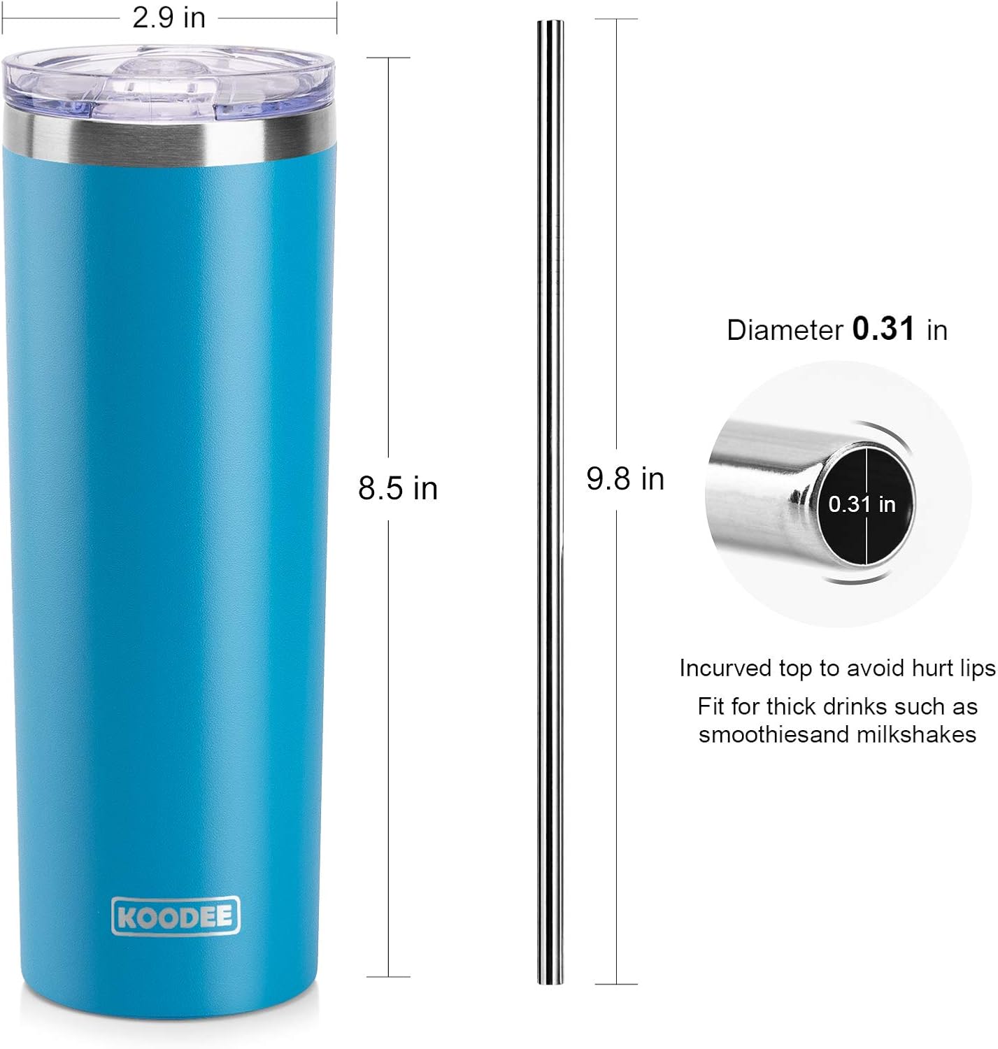 koodee 20 oz Stainless Steel Skinny Tumblers (4 Pack) Double Wall Insulated Water Tumbler Cup with Straw, Lids and Straw Brushes (Baby blue/White/Pink/Sky Blue)