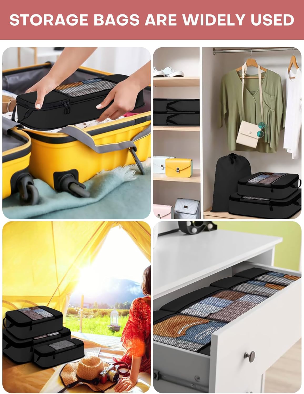 6 PCS Set Compression Packing Cubes for Travel, Lightweight Packing Organizer Bags Travel Essentials for Carry On, Suitcase, Home Closet - Black