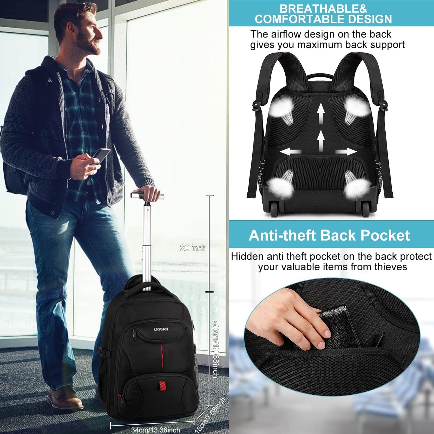 Rolling Backpack, Large Backpack with Wheels for Men Women Adults, 17inch Waterproof Wheeled Travel Laptop Backpack Carry on Luggage Bag Trolley Suitcase Business College School Computer Bookbag,Black