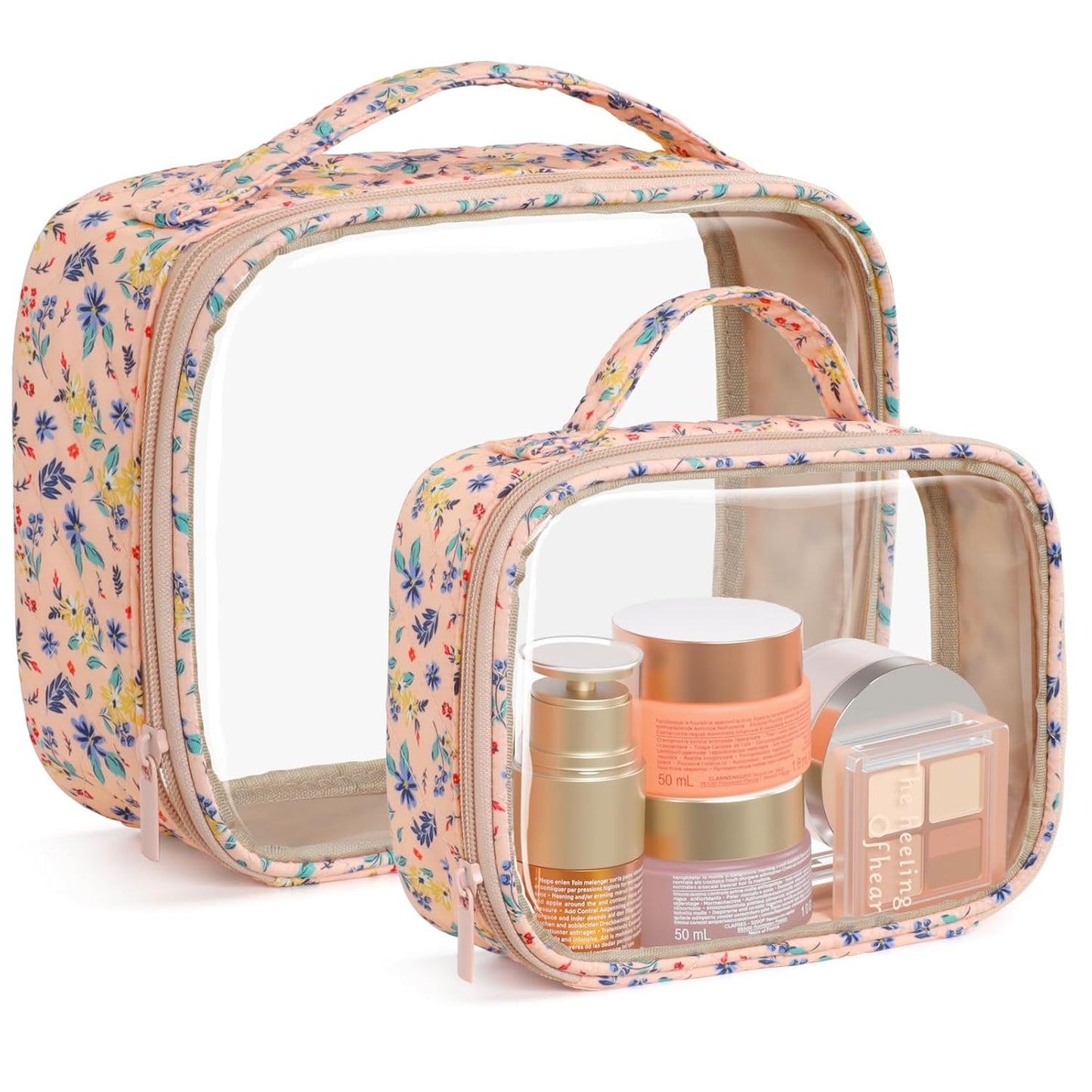 PACKISM Clear Makeup Bag - 2 Pack TSA Approved Toiletry Bag with Handle and 180° Large Opening, Clear Toiletry Bag Fit Carry-on Travel Essential, Travel Bags for Toiletries, Nude Pink Ditsy Floral