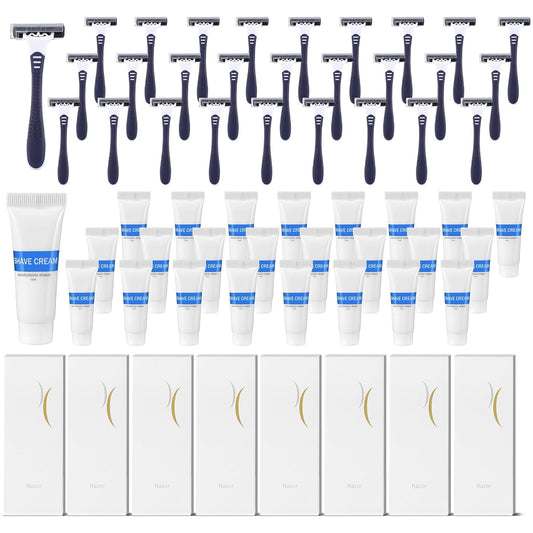 Hushee Shave Kit Bulk Travel Shaving Cream Disposable Twin Blade Razors and Cream Individually Wrapped Smooth Razor with Clear Cap Toiletries for Hotel Shelter Camping Travel Homeless (150)