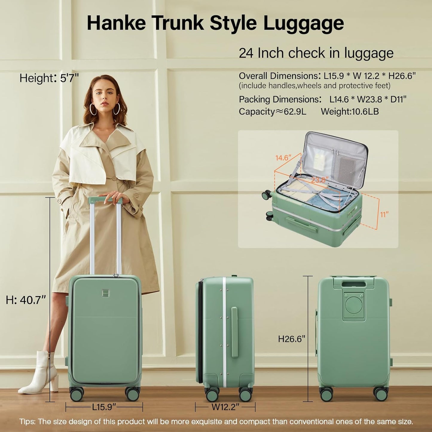Hanke 24 Inch Luggage with Cup Holder and Charge,Top Opening Hard Shell Suitcases with Wheels and Dividers,Aluminum Frame Trunk Luggage Medium Checked Suitcase with Lock for Travel,Forest Green