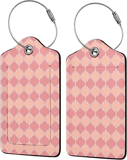 Pink Moroccan Plaid 2 Pack Luggage Tag for Suitcase, Leather Bag Tags Identifiers Privacy Cover ID Label with Steel Loop for Women Men Kids Girls Travel