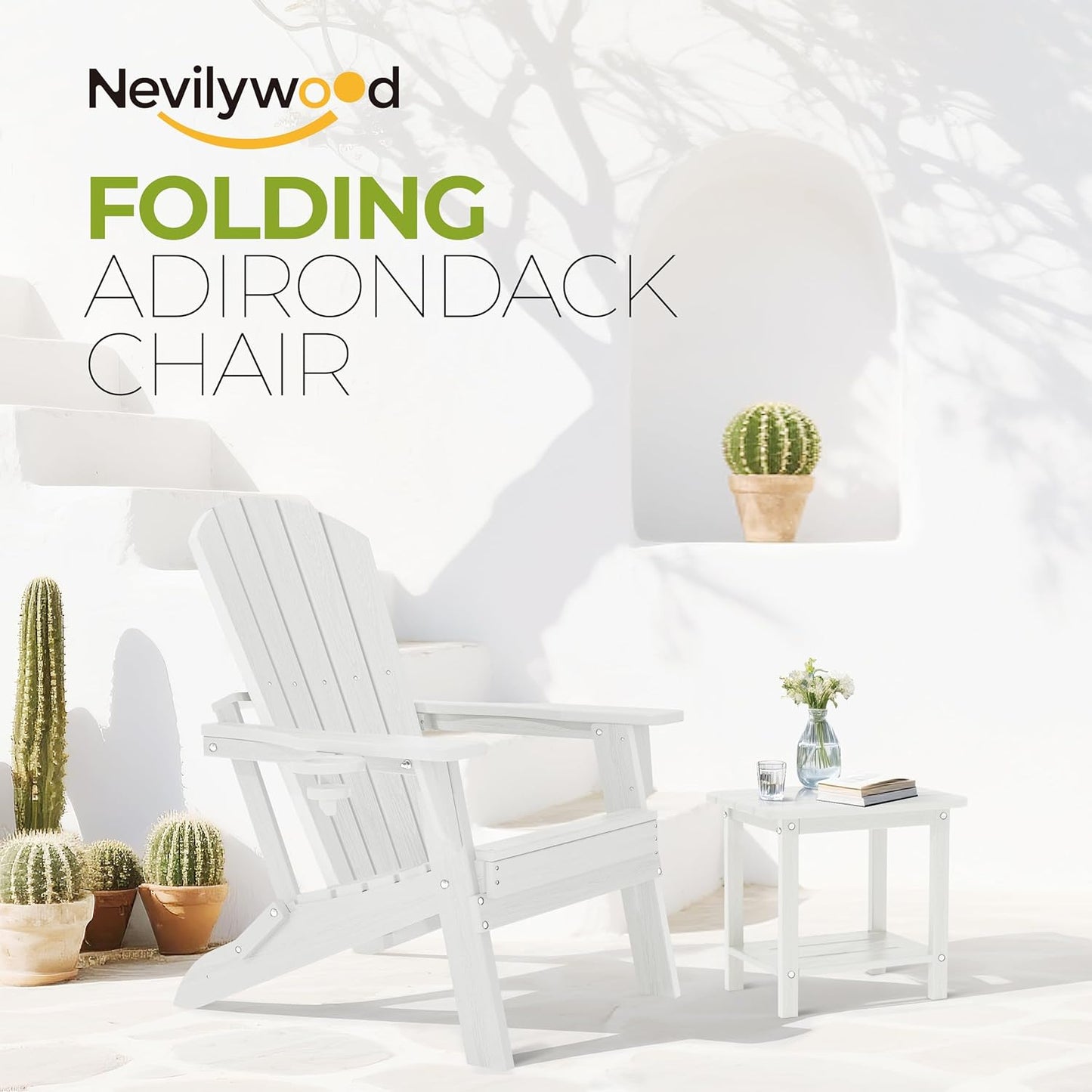 Folding Adirondack Chair - Extended Ergonomic Backrest, Cup Holder - Easy Assembly - Durable HDPE Plastic, Weather Resistant & Maintenance-Free - Lawn, Patio, Deck Supports 380lbs White