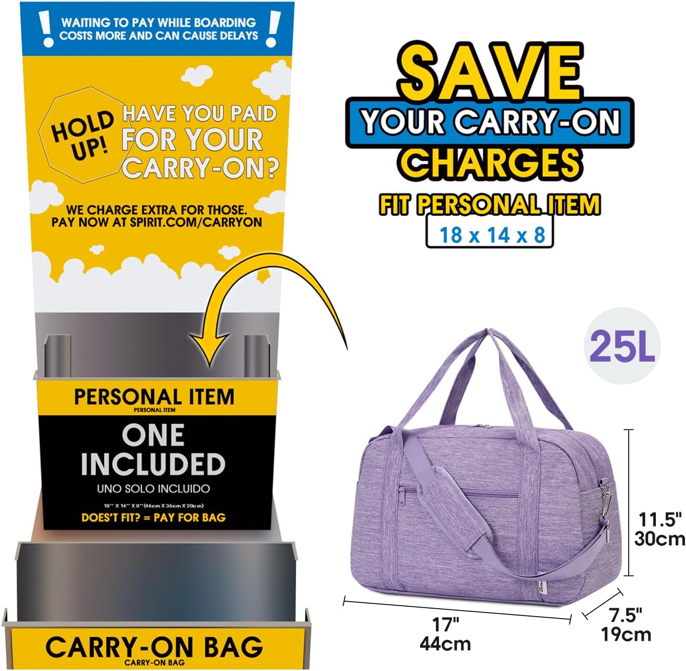 Narwey 18" Carry on Bag Underseat for Airplane with Wet Pocket Spirit Airlines Personal Item Bag Travel Duffel Bag Small Gym Bag Weekender Overnight for Women and Men (Purple)