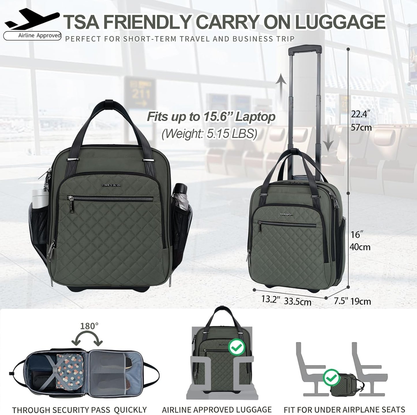 EMPSIGN Underseat Carry On Wheeled - 16" Carry on Bag with Wheels Multi-functional Lightweight Rolling Bag Overnight Weekender Small Suitcase for Women Men Travel Business, Army Green