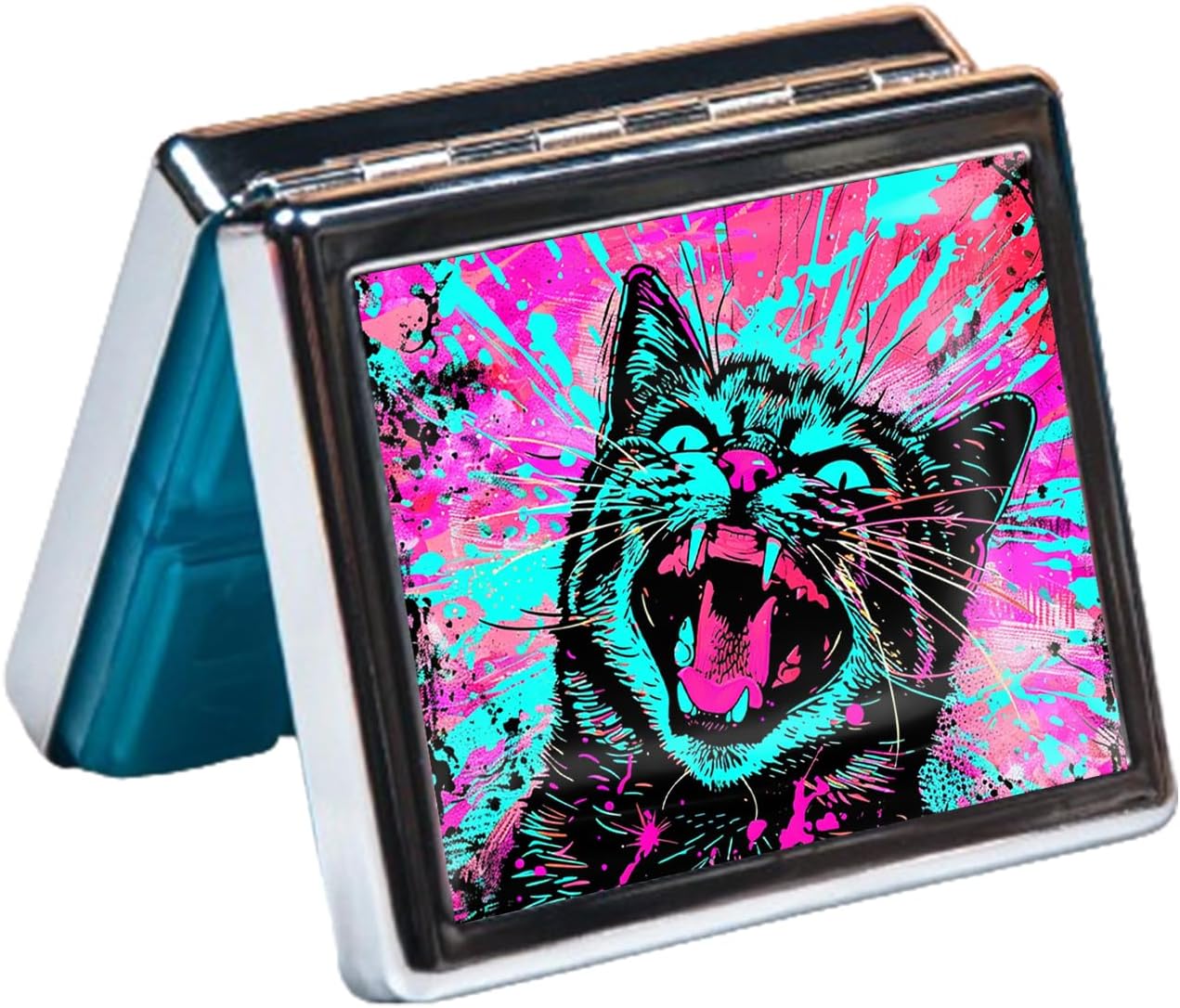 Cute and Portable Metal Pill Organizer – 8 Compartments, Elegant Chrome Finish, Ideal for Travel and Daily Use (Splash Cat)