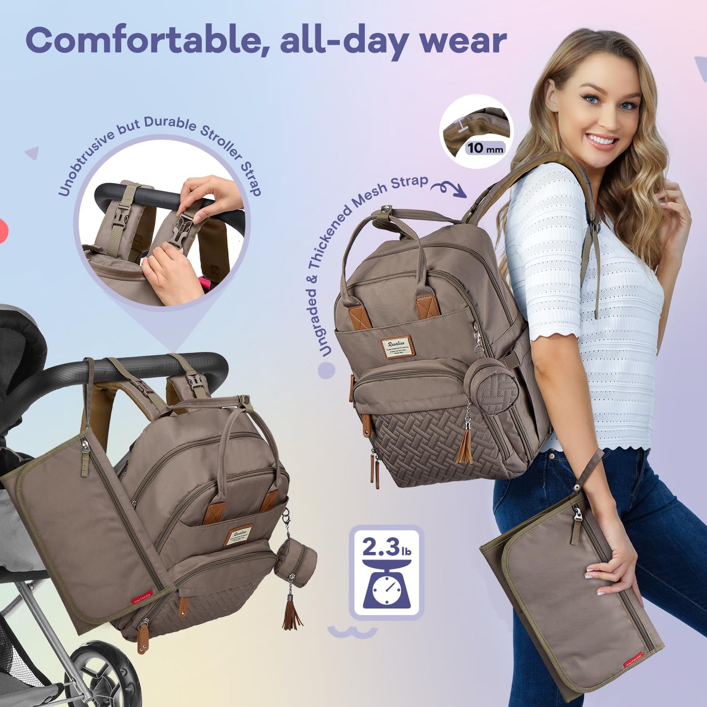 RUVALINO Diaper Bag Backpack, Multifunction Travel Pack Maternity Baby Changing Bags, Large Capacity, Waterproof, Khaki