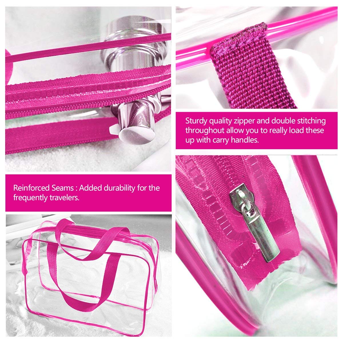 6Pcs Crystal Clear PVC Travel Toiletry Bag Kit for Women Men, Waterproof Vinyl Packing Organizer Storage Bags with Zipper Handle Straps, Cosmetic Pouch Carry on Airport Airline Compliant Bag Handbag