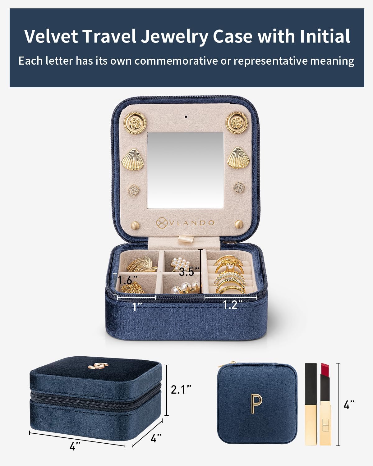 Vlando Jewelry Organizer Box, Small Jewelry Box for Women Girls, Initial P Travel Jewelry Case, Small Jewelry Organizer Case, Mini Travel Jewelry Box - Letter P, Dark Blue