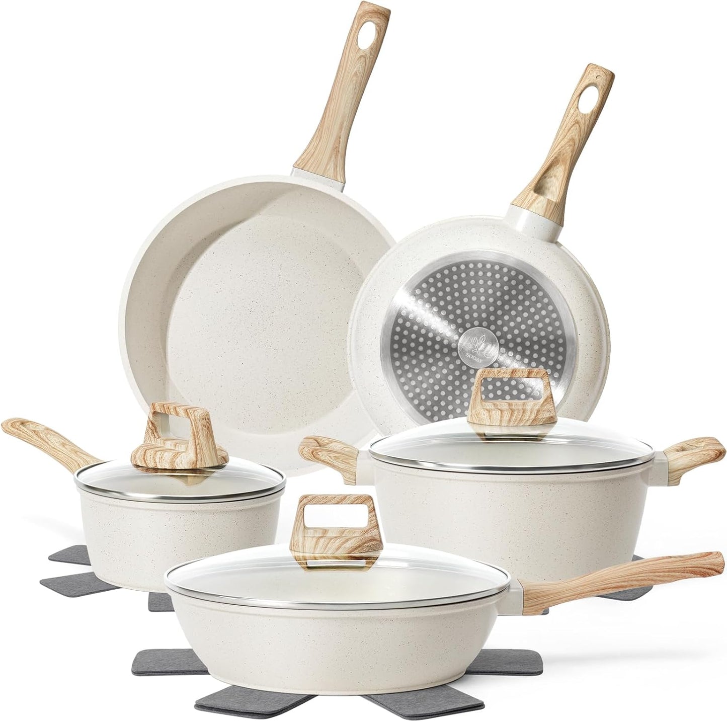 12 Pcs Pots and Pans Set, Nonstick Cookware Sets White Granite Induction Cookware, Non-toxic Healthy Non Stick Kitchen Cooking Set with Frying Pans Set, Saucepans,Steamer (PFAS, PFOA, PFOS Free)