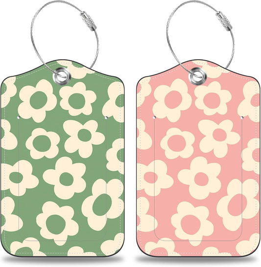 Vintage Groovy Flowers Set of 2 Luggage Tags for Suitcases Leather Suitcase Tags Identifiers with Privacy Name Address Label and Stainless Steel Loop for Women Men Travel Luggage Accessories