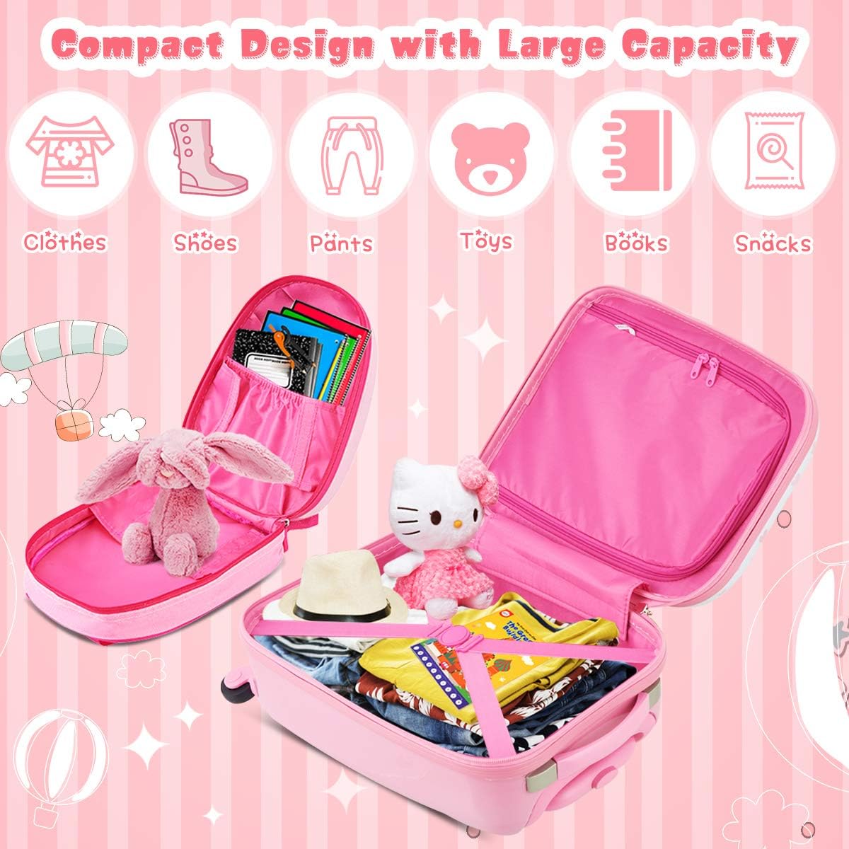 HONEY JOY 2 Pcs Kids Carry On Luggage, 12" School Backpack & 16" Rolling Suitcase, Waterproof Hard Shell Travel Case with Spinner Wheels, Gift for Boys Girls Overnight Travel, Pink Unicorn