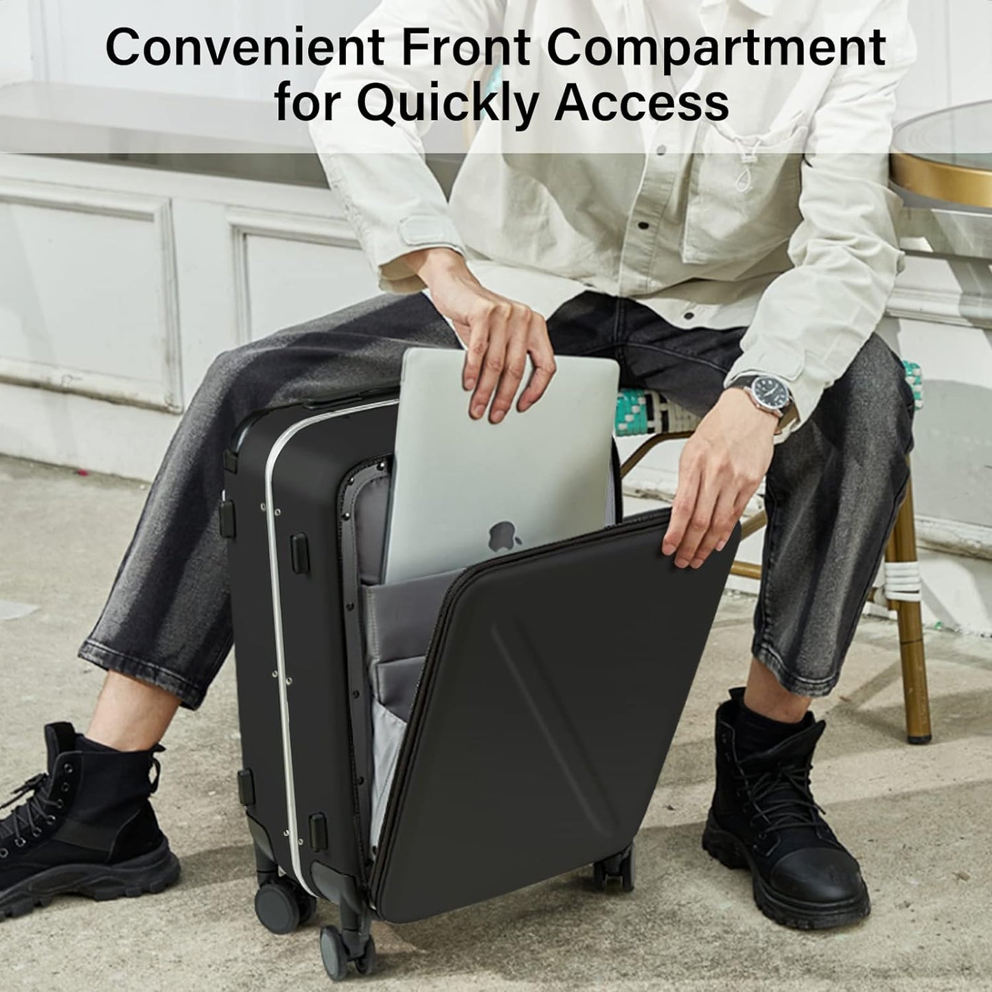 MILADA Wide Handle Luggage with Front Pocket Hardshell Aluminium Check In Suitcase with Wheels Medium 24 Inch Front Opening Checked Luggage with Spinner Wheels TSA Lock Airline Approved Luggage, Black