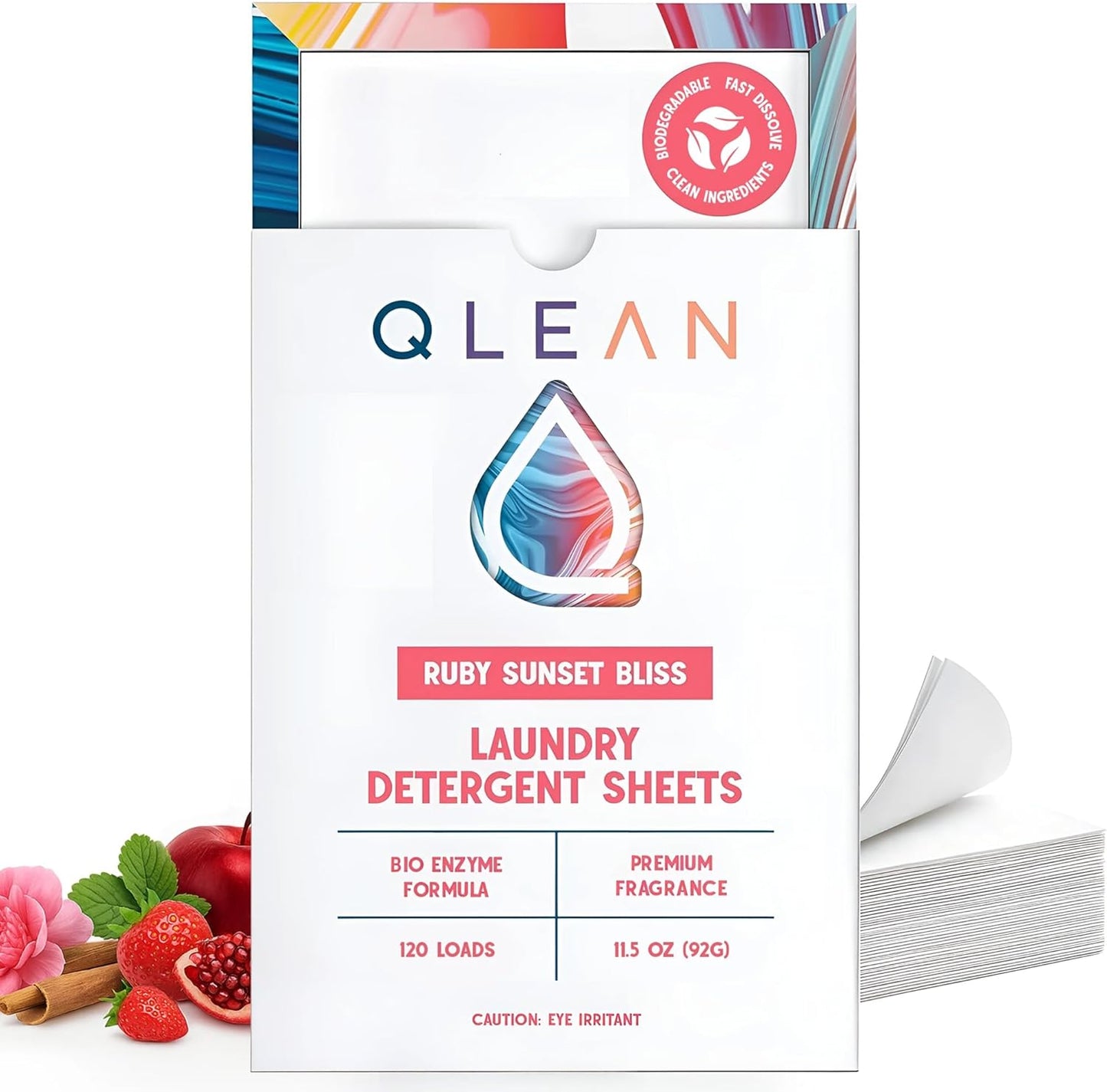 QLEAN Laundry Detergent Sheets – Travel-Friendly, HE & Standard Washer Safe, Liquidless Laundry Soaps, Quick-Dissolving Formula, Skin-Friendly (120 Loads, Ruby Sunset Bliss)
