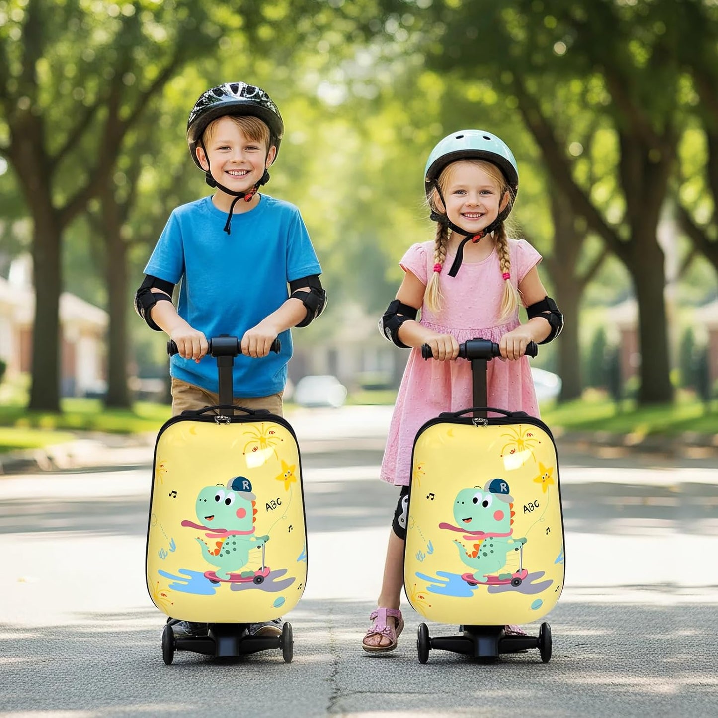 smilesun 4-in-1 Detachable Scooter Luggage for Kids & Teens – Hardside Ride-On Suitcase with Led Light Up Wheels, Dinosaur Design, Lightweight Foldable, Perfect Travel Gift for Boys(Yellow 22-inch)