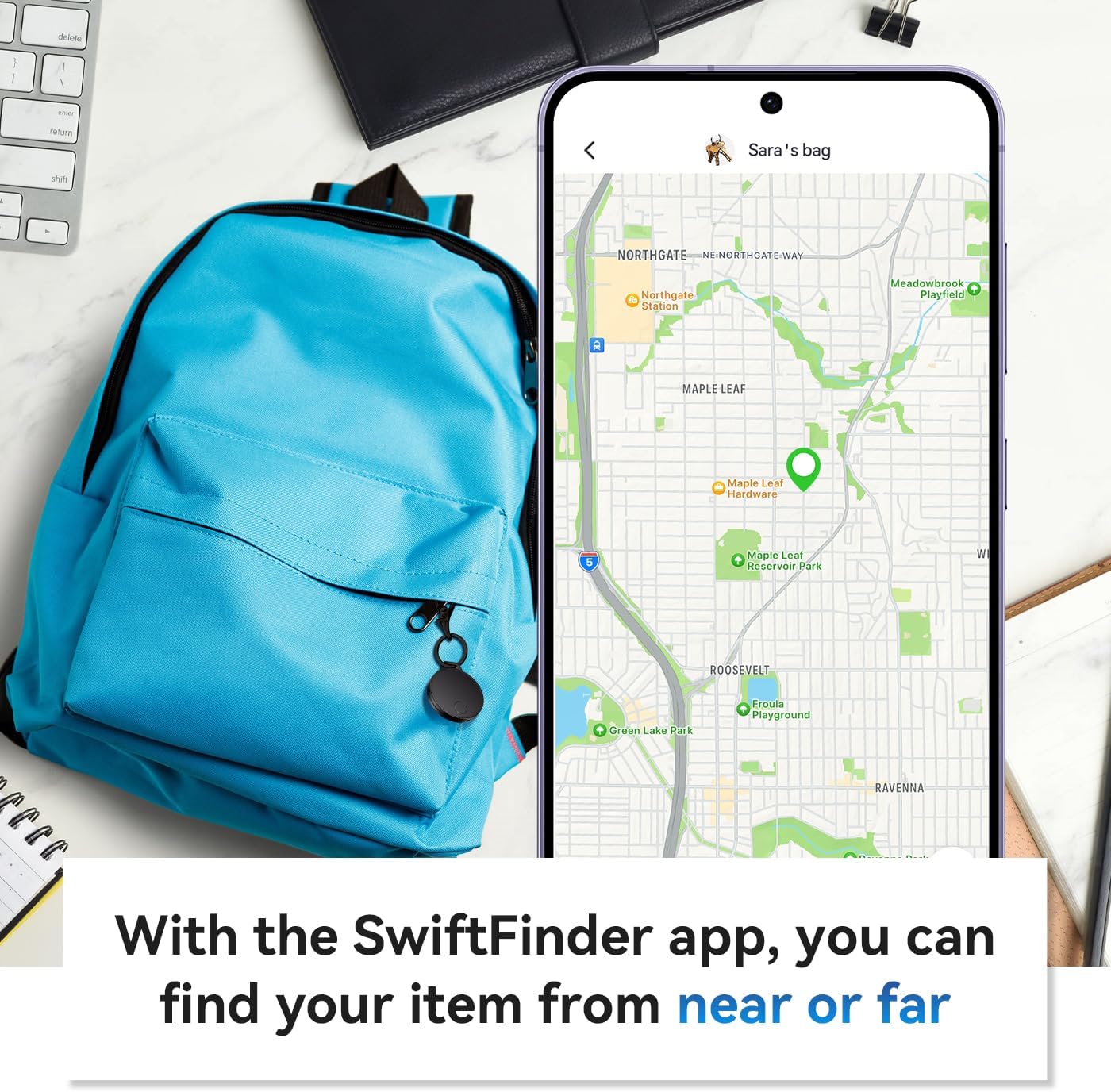 Keys Finder, Bluetooth Tracker and Item Locator for Keys, Bags, and More; Android and iOS Compatible, Phone Finder, Water Resistance, Replaceable Battery, 4-Pack