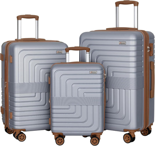 Romswi Luggage Sets 3 Piece Expandable PC+ABS Suitcases, Durable Hardshell Lightweight Suitcase Set with TSA Lock Dual Spinner Wheels, 21/24/28 Inch, Silver