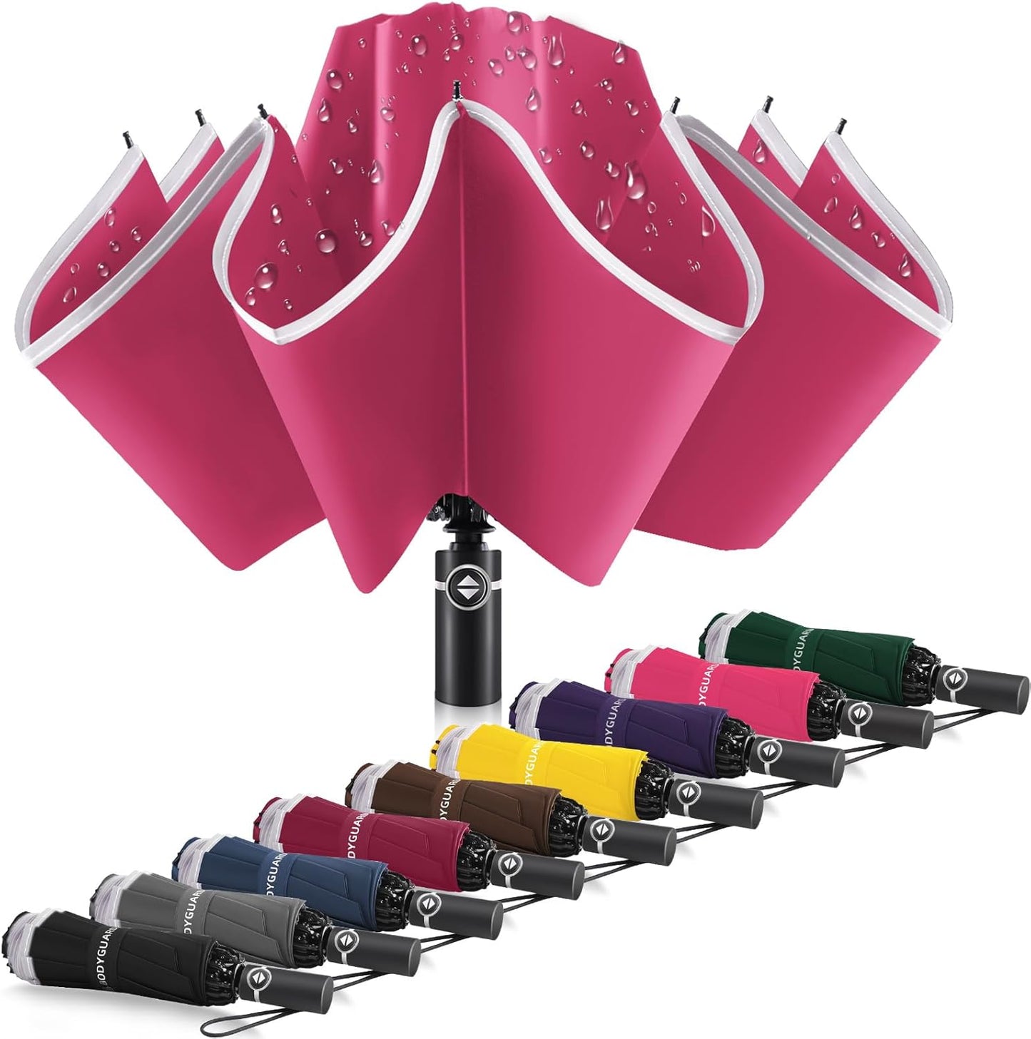 Bodyguard Inverted Umbrella - Large Windproof for Rain & Sun, Compact Reverse With Reflective Stripe, Teflon-Coated for Women Men, Travel Folding With Cover Bag