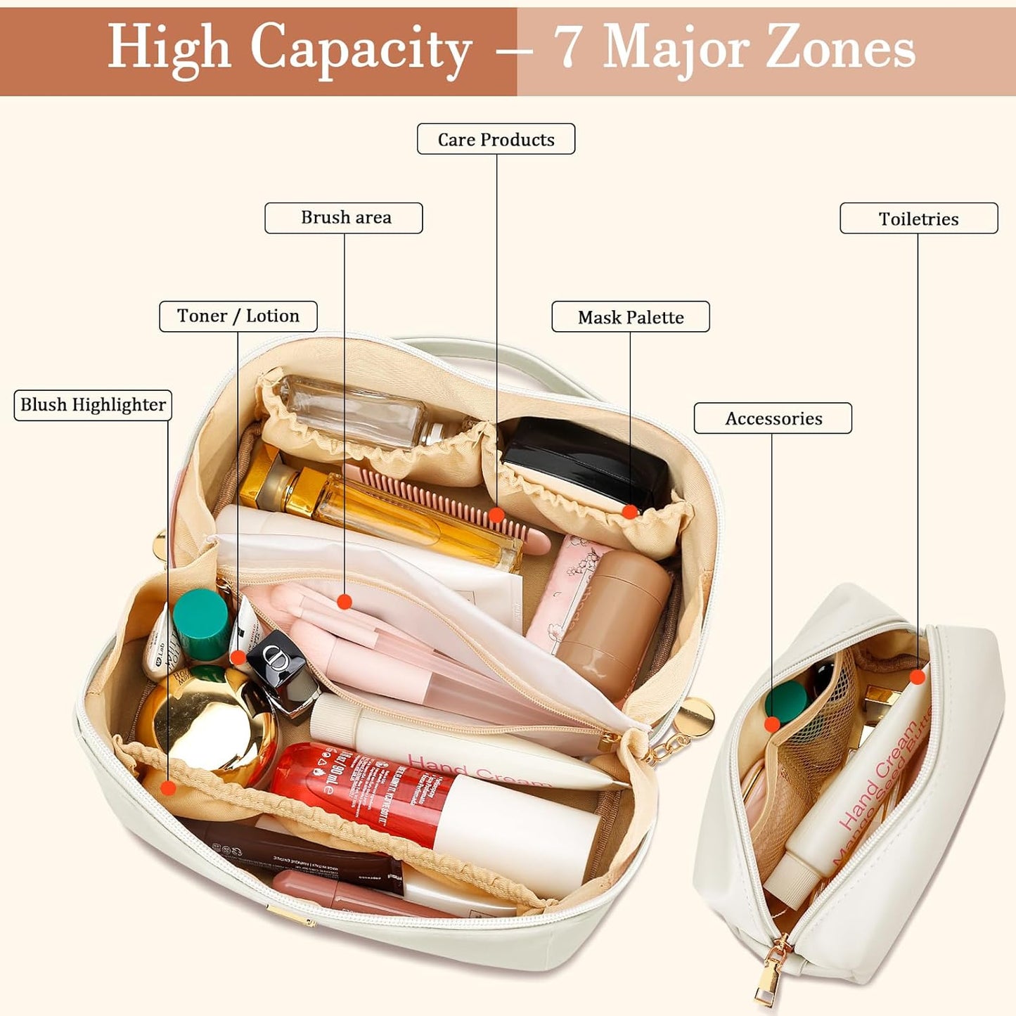 Birthday Gifts for Women Teen Girl, Personalized Initial Makeup Organizer Bag Set, Open Flat Travel Cosmetic Bag With Clear Divider and Handle(Beige,V)