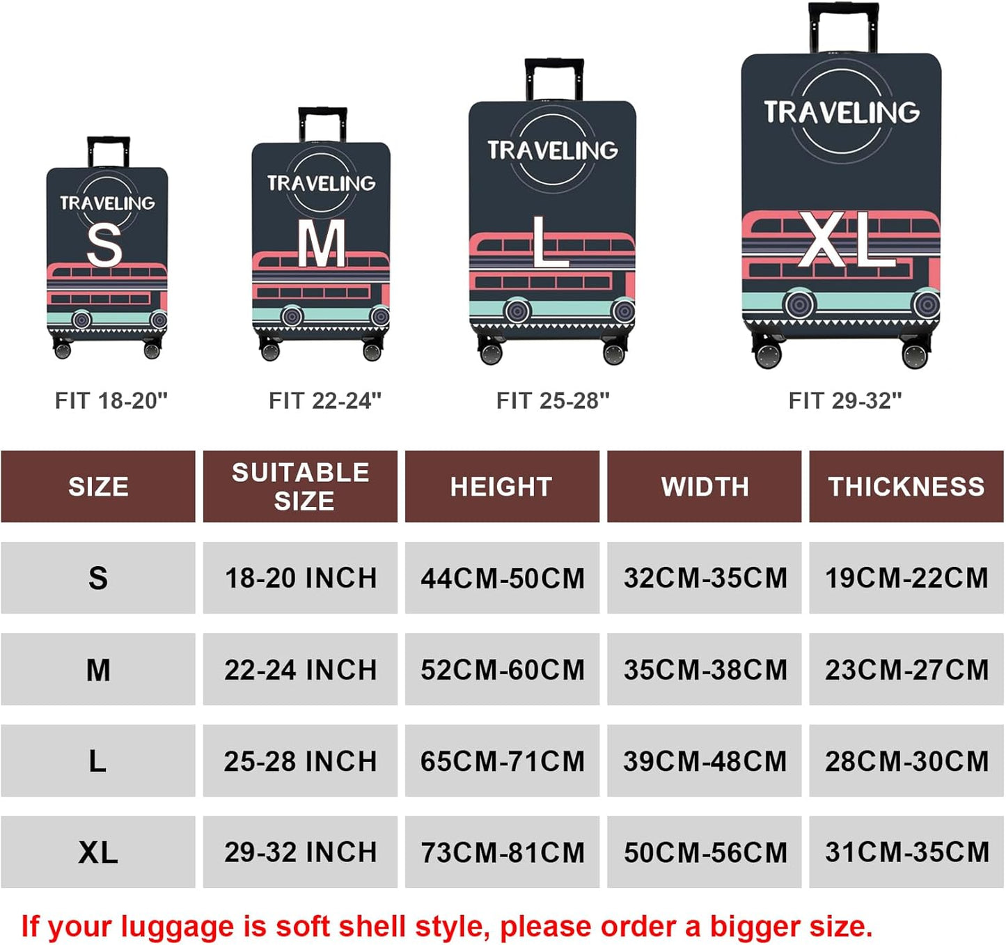 WUJIAONIAO Travel Luggage Cover Baggage Suitcase Cover Protector Skins 18-32 Inch (TRAVELING, L (for 25-28 inch luggage))