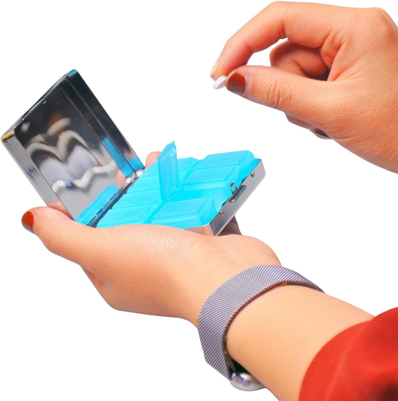 Cute and Portable Metal Pill Organizer – 8 Compartments, Elegant Chrome Finish, Ideal for Travel and Daily Use (Beware Poison Coffin)