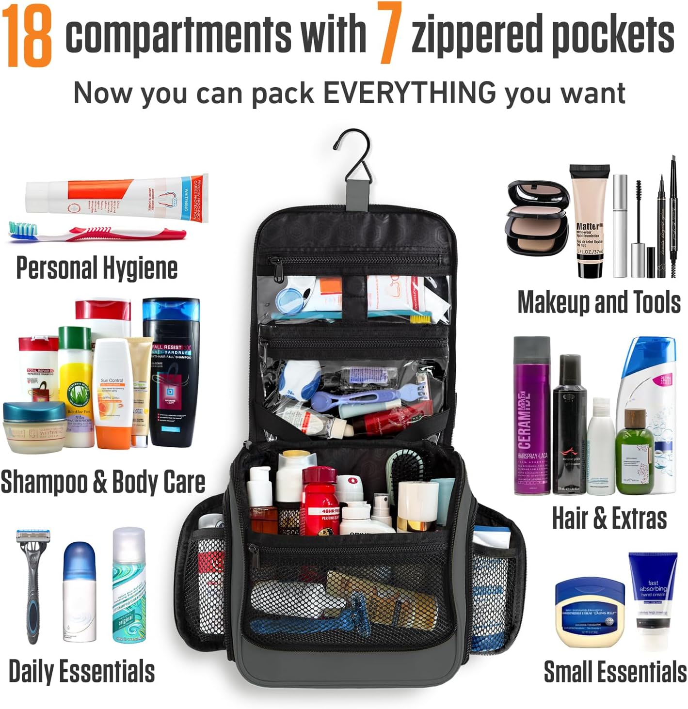 VENTURE 4TH Hanging Travel Toiletry Bag for Women & Men - Travel Organizer with Expandable Compartments & Removable Clear Pouch for Toiletries (Gray)