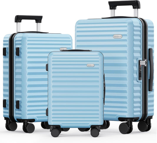 SHOWKOO Luggage Sets 3 Piece Hardside Expandable Suitcase with Double Spinner Wheels Tsa Lock Sky Blue (20in/24in/28in)