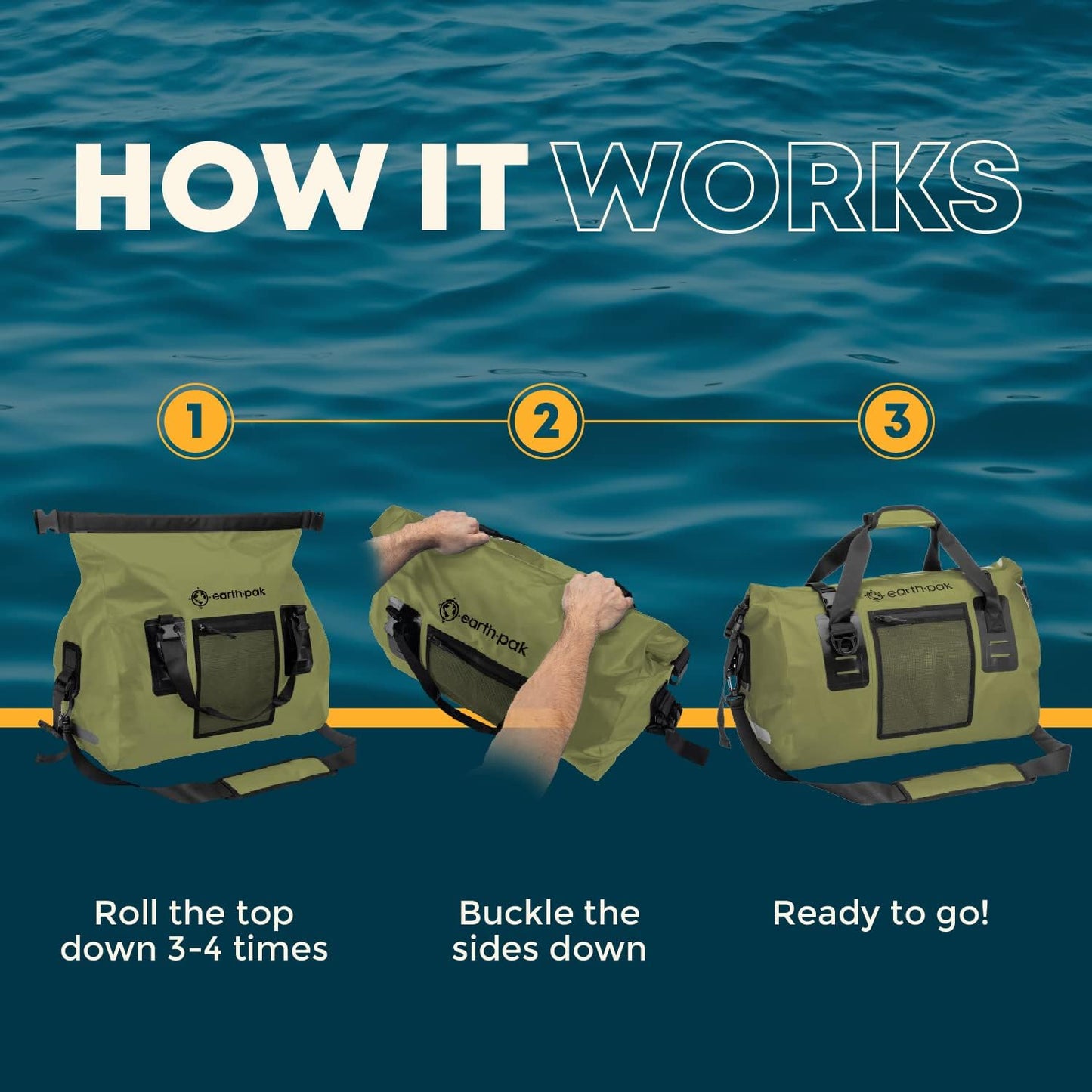 Earth Pak Waterproof Duffel Bag - Heavy Duty Motorcycle Dry Bag with Large Storage Space Perfect for Traveling, Camping, Kayaking, Fishing & Canoeing Bag 50L/70L/90L/120L Sizes