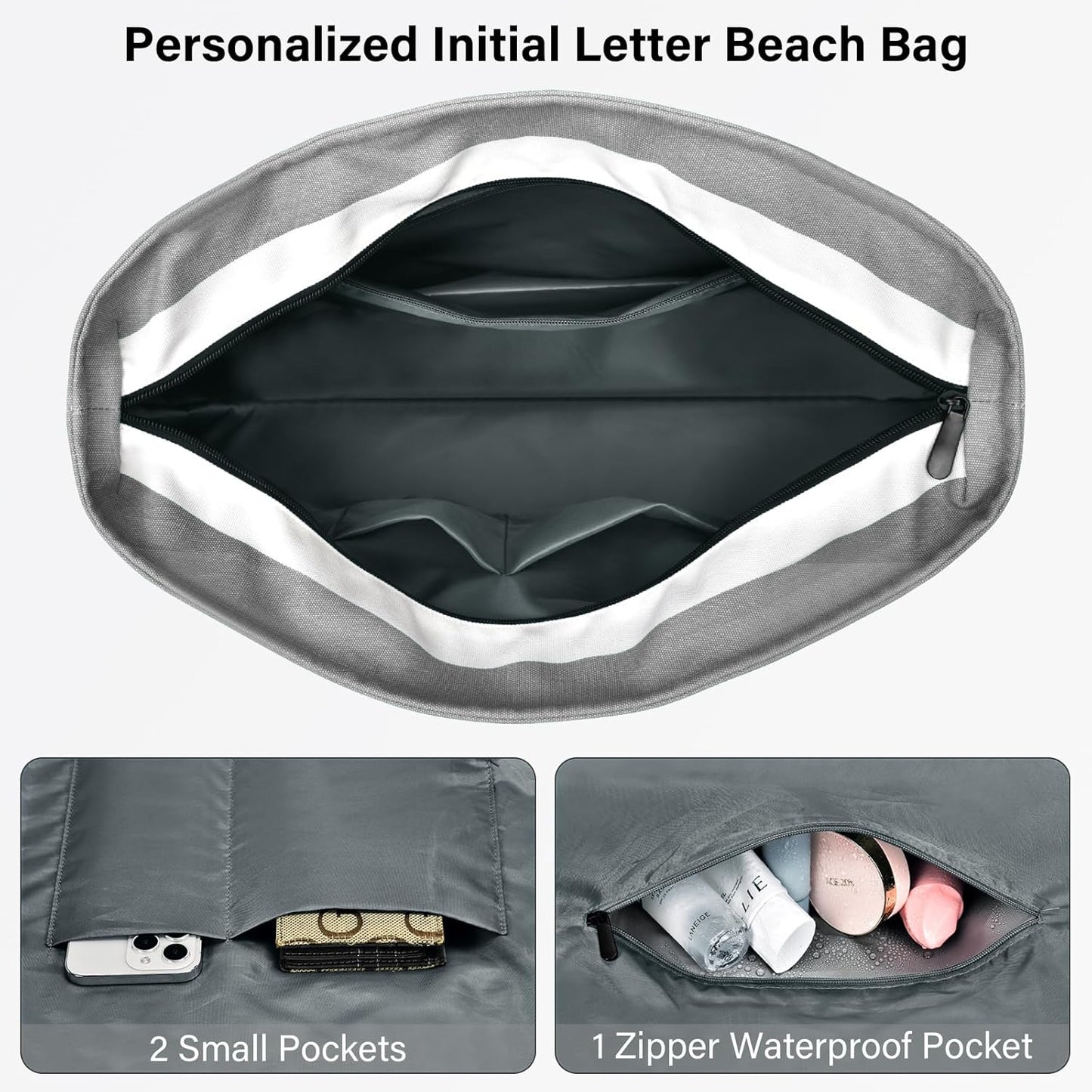 Becokan Beach Bag Initial Beach Tote with Makeup Bag for Travel Work Storage Personalized Birthday Gifts for Women Her