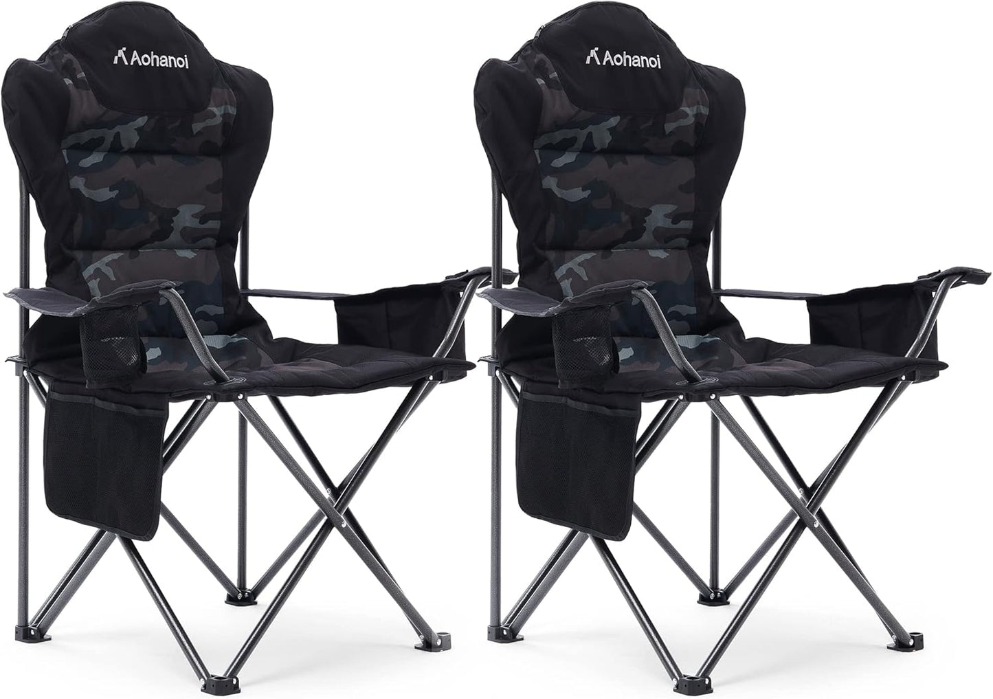Camping Chairs, Outdoor Folding Chairs 2 Pack for Heavy People, Folding Chairs for Outside, Camp Chairs with Cup Holder & Cooler Bag, Supports up to 300lbs (2 Pcs, Camo)