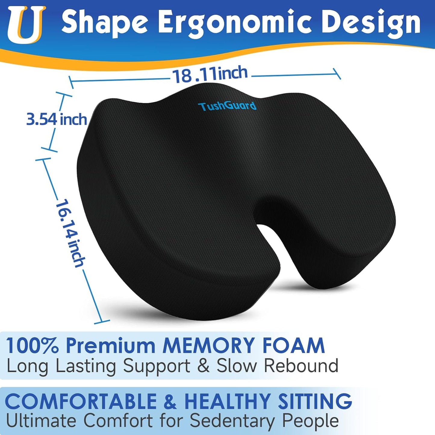 TushGuard Seat Cushion for Office Chair Memory Foam Non-Slip Cushion Back, Coccyx, Sciatica, Tailbone Pain Relief Butt Pillow for Office Chair, Car, Wheelchair, Black, X-Large